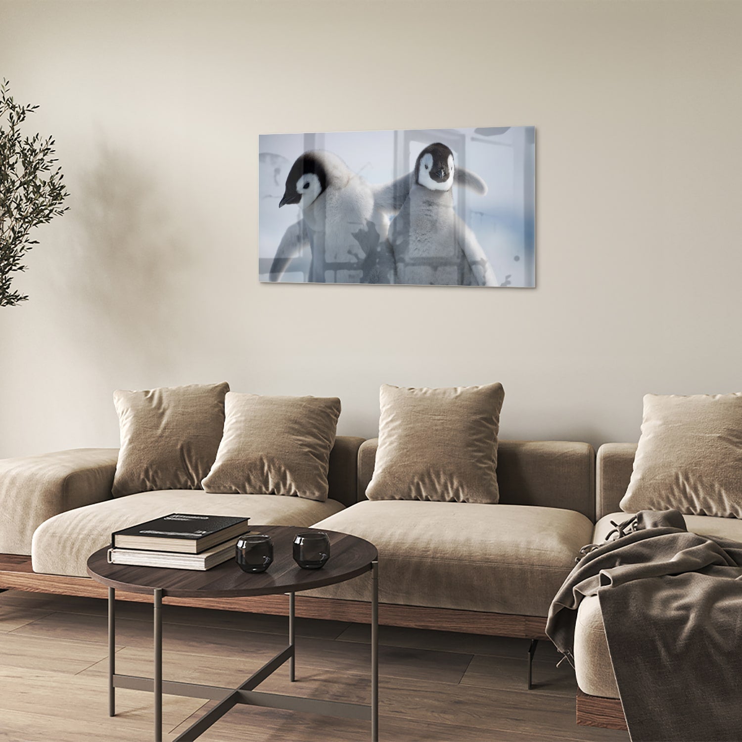 Glasbild mit zwei Pinguinen in winterlicher Atmosphäre – Glasbild aus Sicherheitsglas, Größe 100x60