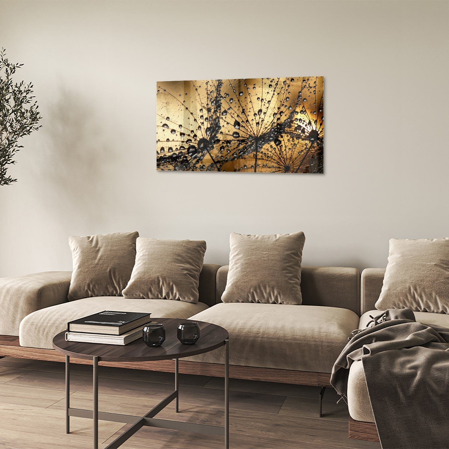 Glasbild mit goldenen Wassertropfen – Glasbild aus Sicherheitsglas, Größe 100x60