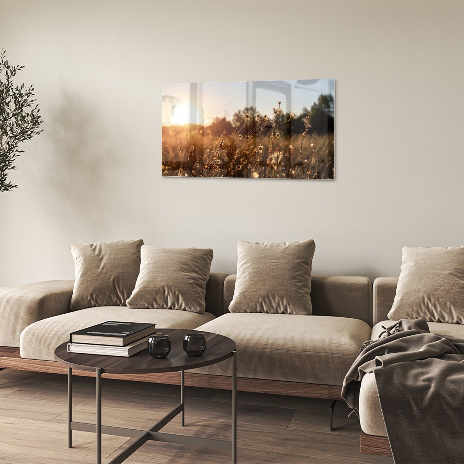 Zauberhaftes Glasbild mit goldenem Sonnenuntergang – Glasbild aus Sicherheitsglas, Größe 100x60