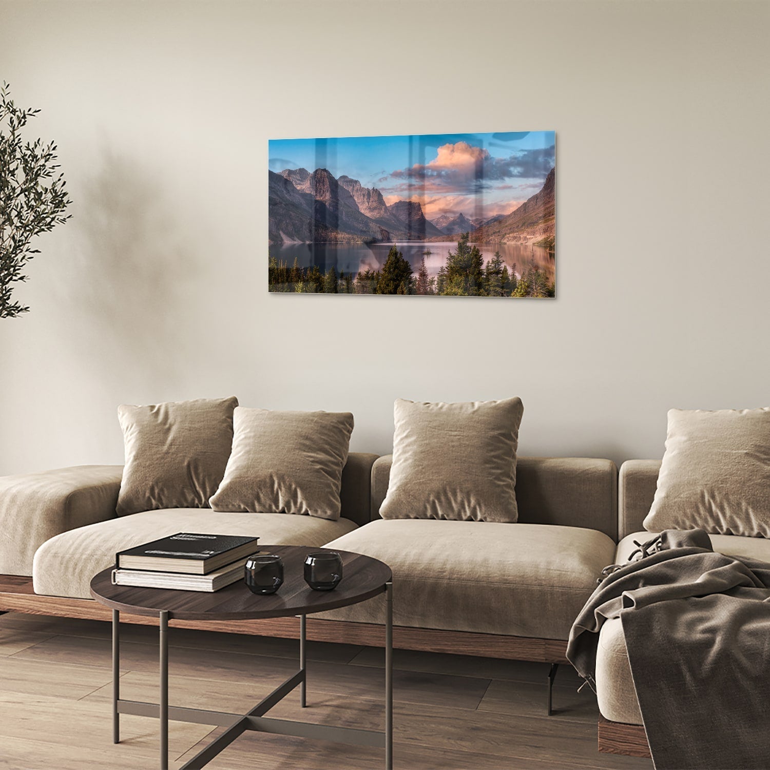 Glasbild mit Bergen bei Sonnenaufgang – Glasbild aus Sicherheitsglas, Größe 100x60