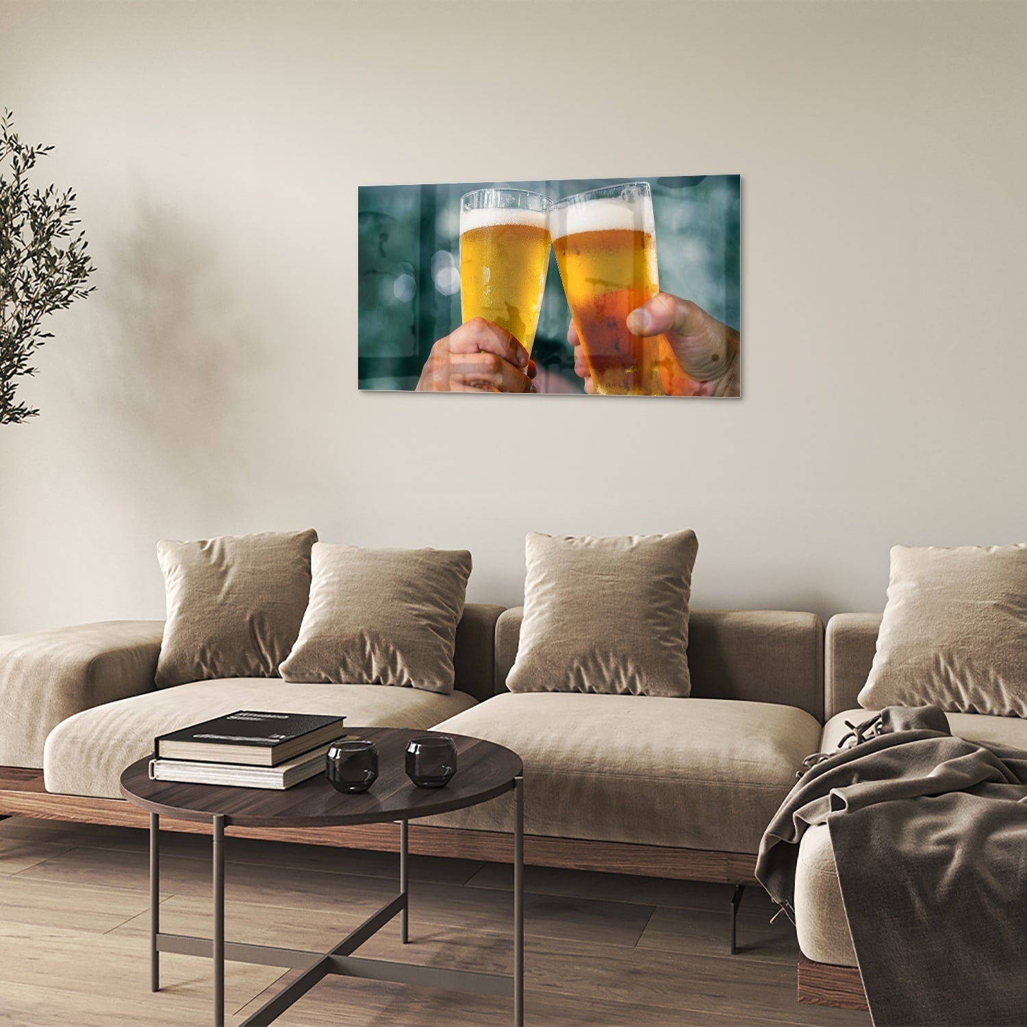 Glasbild mit zwei Biergläsern – Prost – Glasbild aus Sicherheitsglas, Größe 100x60