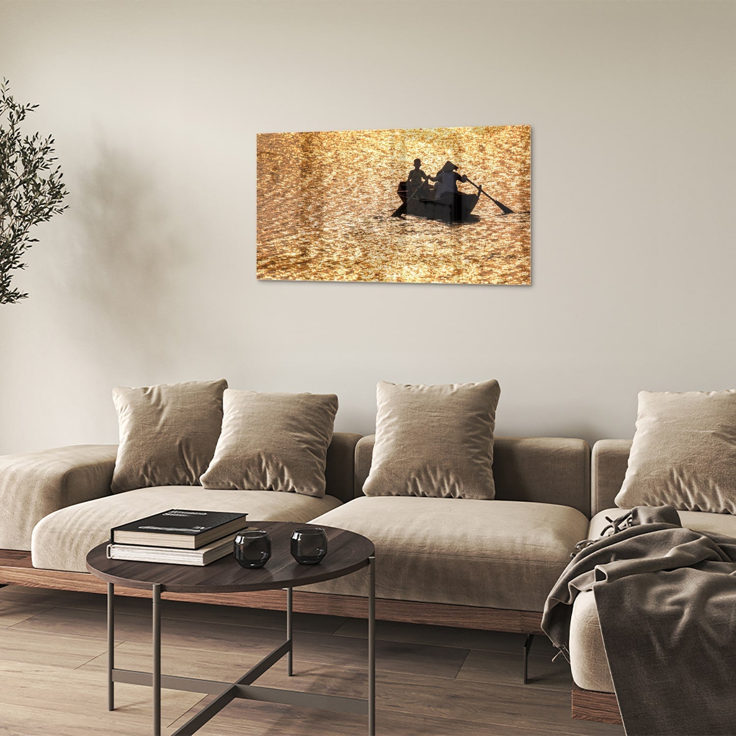 Glasbild mit Ruderboot auf goldenem Wasser – Glasbild aus Sicherheitsglas, Größe 100x60