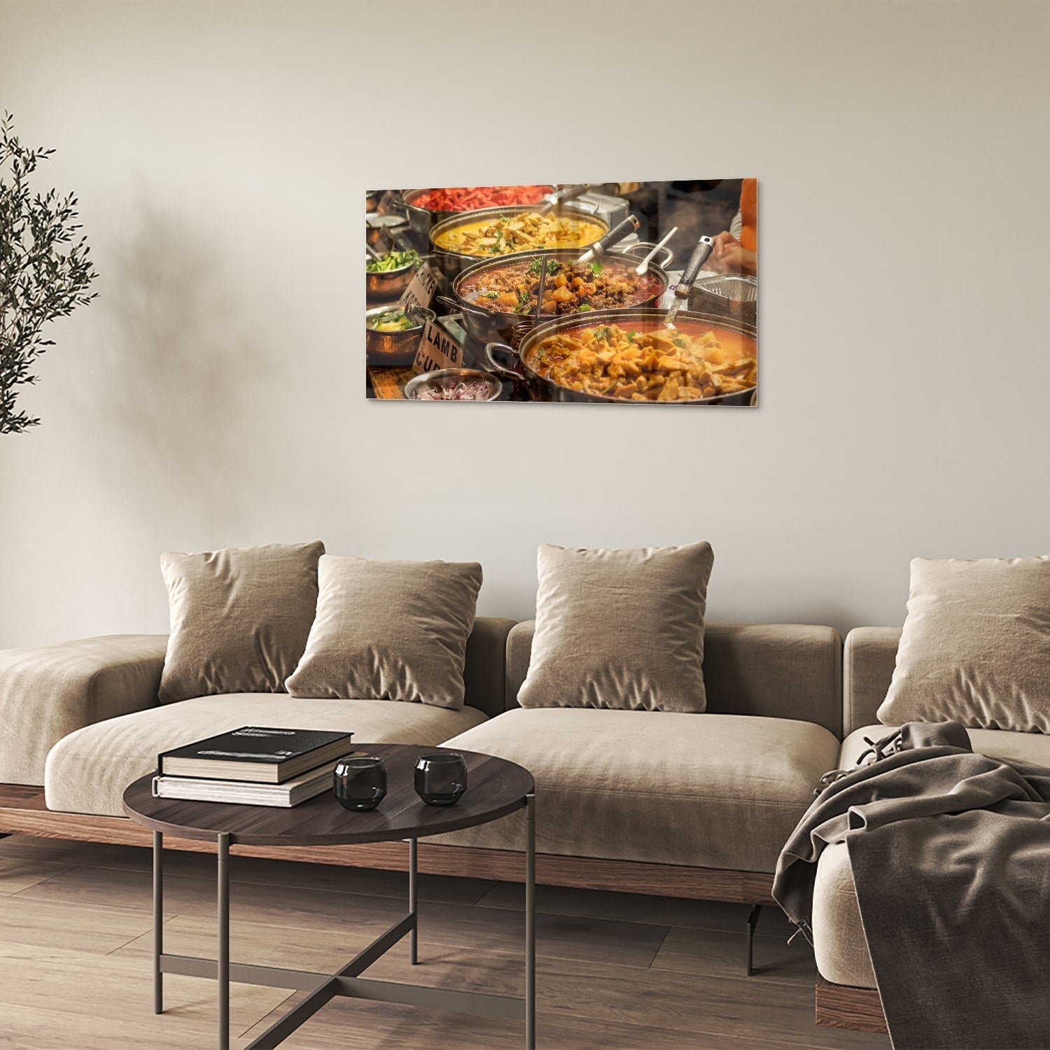 Farbenfrohes Glasbild mit indischem Essen – Glasbild aus Sicherheitsglas, Größe 100x60
