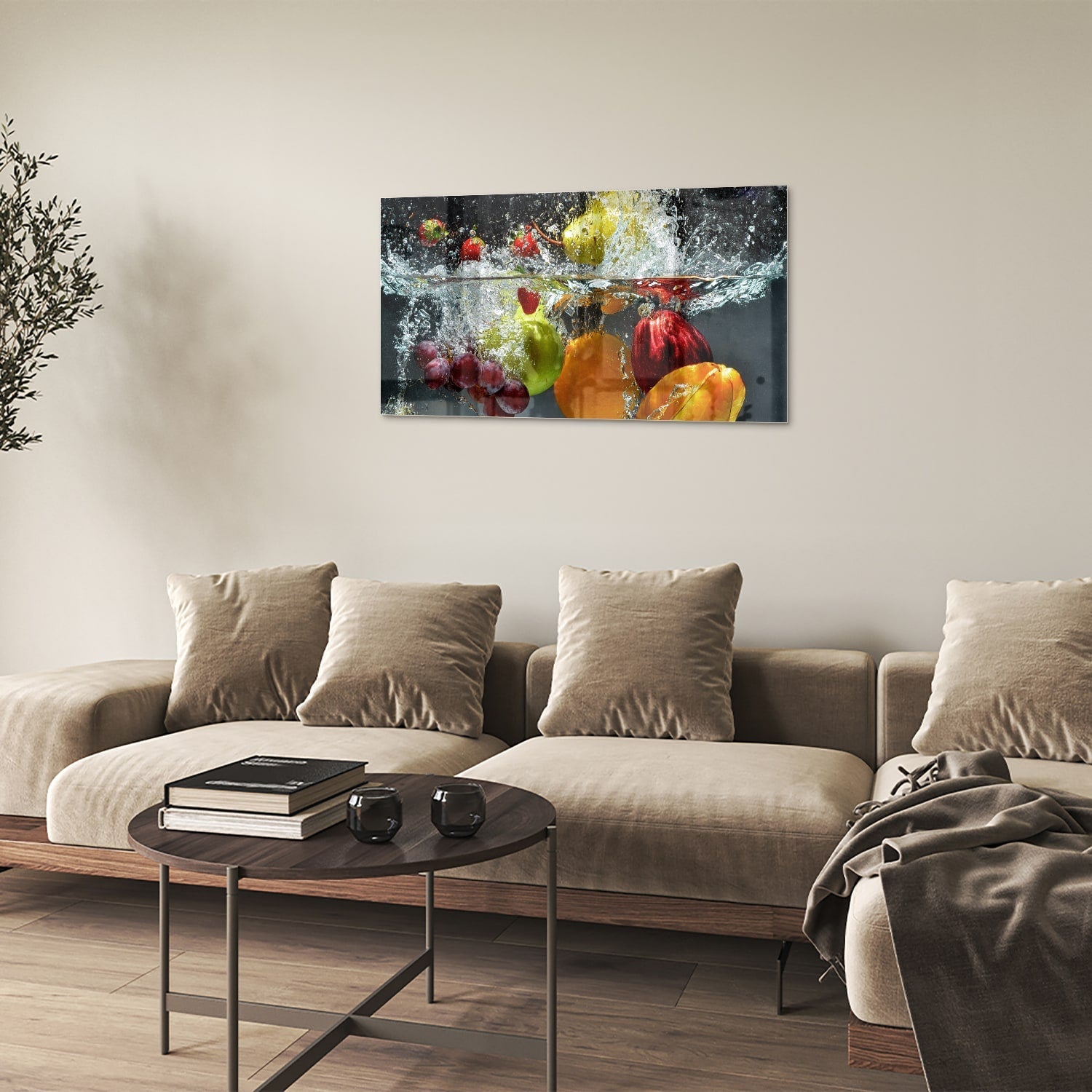 Leuchtendes Glasbild mit Früchten und Wassertropfen – Glasbild aus Sicherheitsglas, Größe 100x60