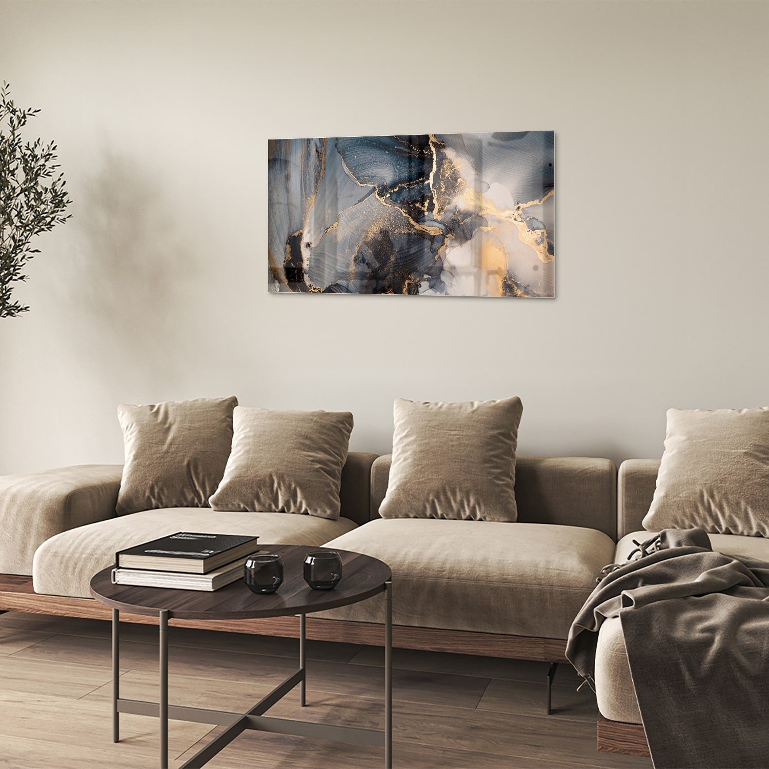 Elegantes Glasbild mit Blau und Gold – Glasbild aus Sicherheitsglas, Größe 100x60
