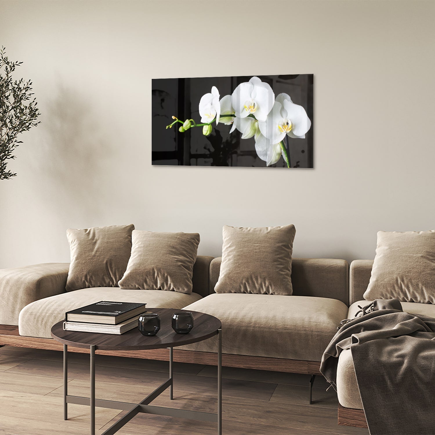 Elegantes Glasbild mit weißen Orchideen – Glasbild aus Sicherheitsglas, Größe 100x60