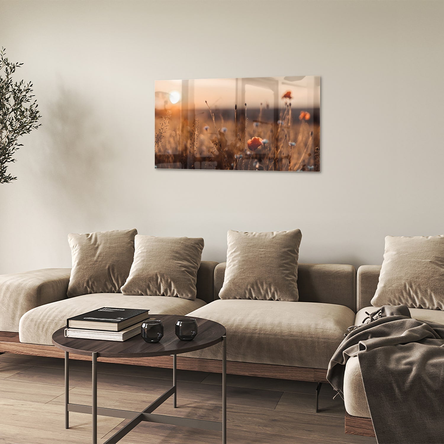 Glasbild – Mohnfeld in sanftem Glanz – Glasbild aus Sicherheitsglas, Größe 100x60