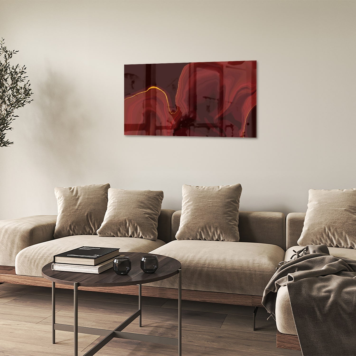 Abstraktes Glasbild mit warmen Rottönen – Glasbild aus Sicherheitsglas, Größe 100x60