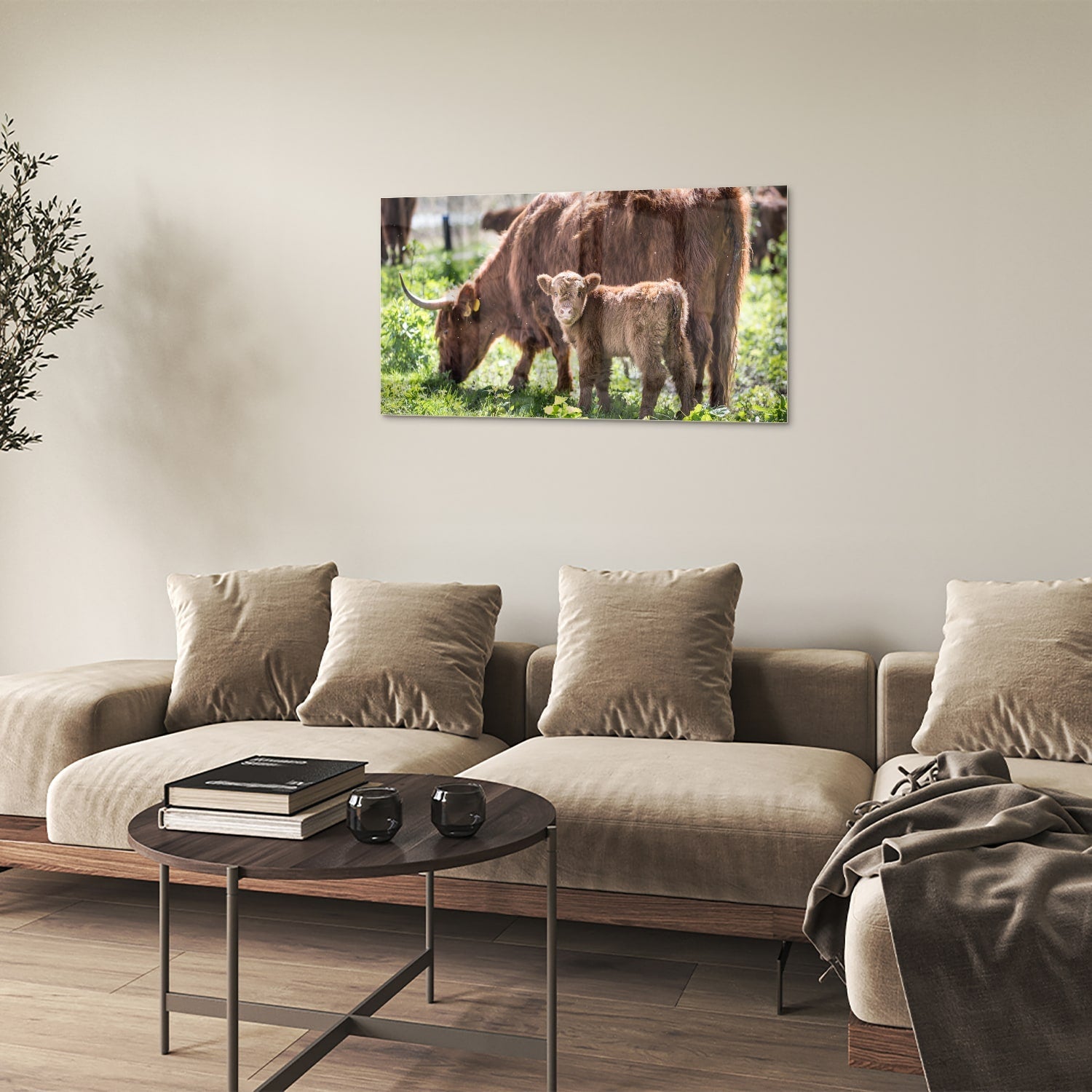 Glasbild mit Mutter und Kalb in der Natur – Glasbild aus Sicherheitsglas, Größe 100x60