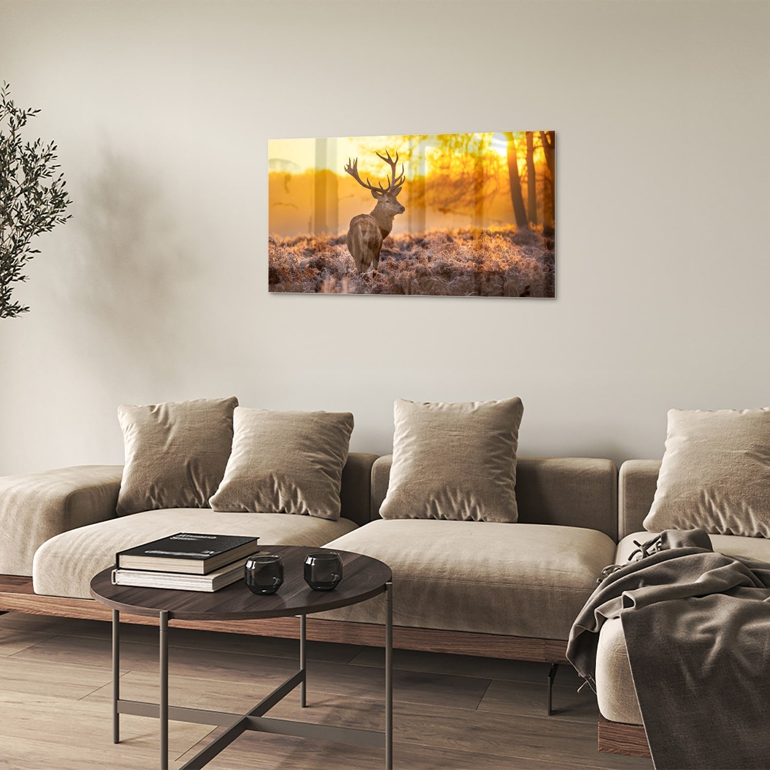 Glasbild mit einem Hirsch in der aufgehenden Sonne – Glasbild aus Sicherheitsglas, Größe 100x60