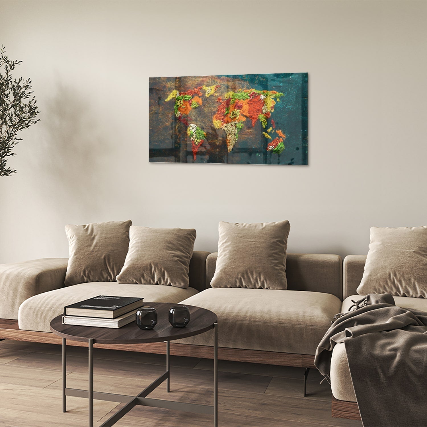 Einzigartiges Glasbild mit moderner Weltkarte – Glasbild aus Sicherheitsglas, Größe 100x60