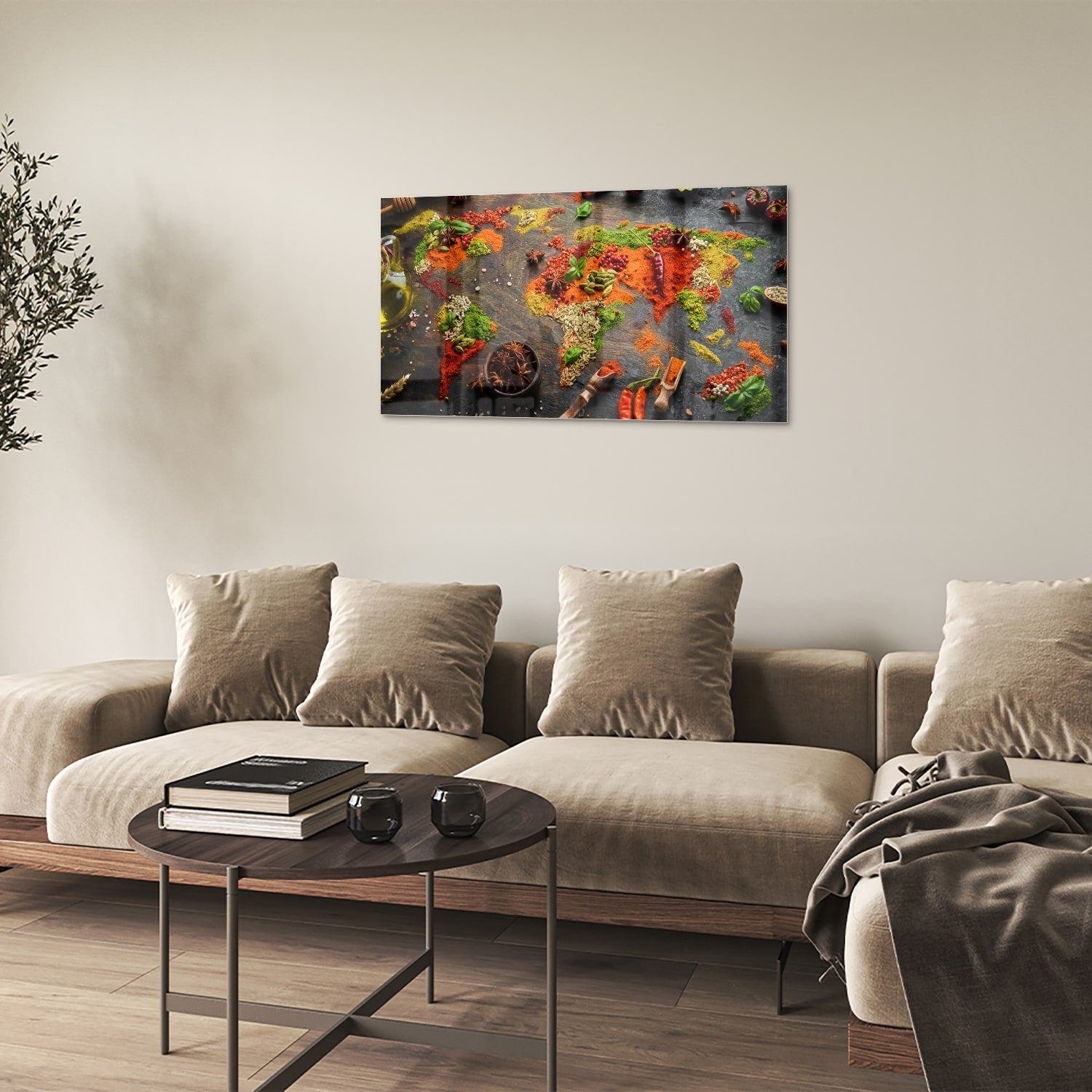 Farbenfrohes Glasbild mit Gewürzen und Gemüse – Glasbild aus Sicherheitsglas, Größe 100x60