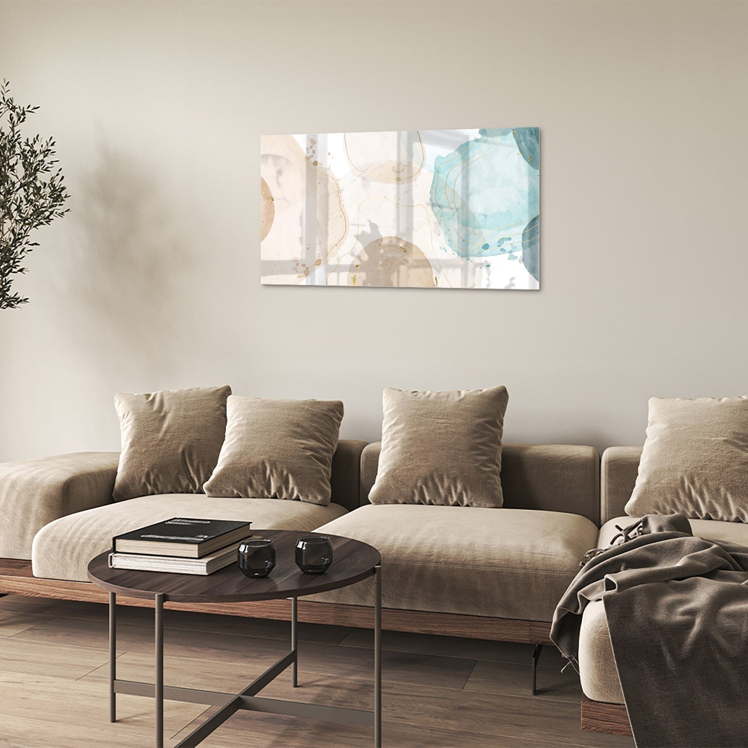 Elegantes Glasbild mit sanftem Aqua und goldenen Farbtönen – Glasbild aus Sicherheitsglas, Größe 100x60