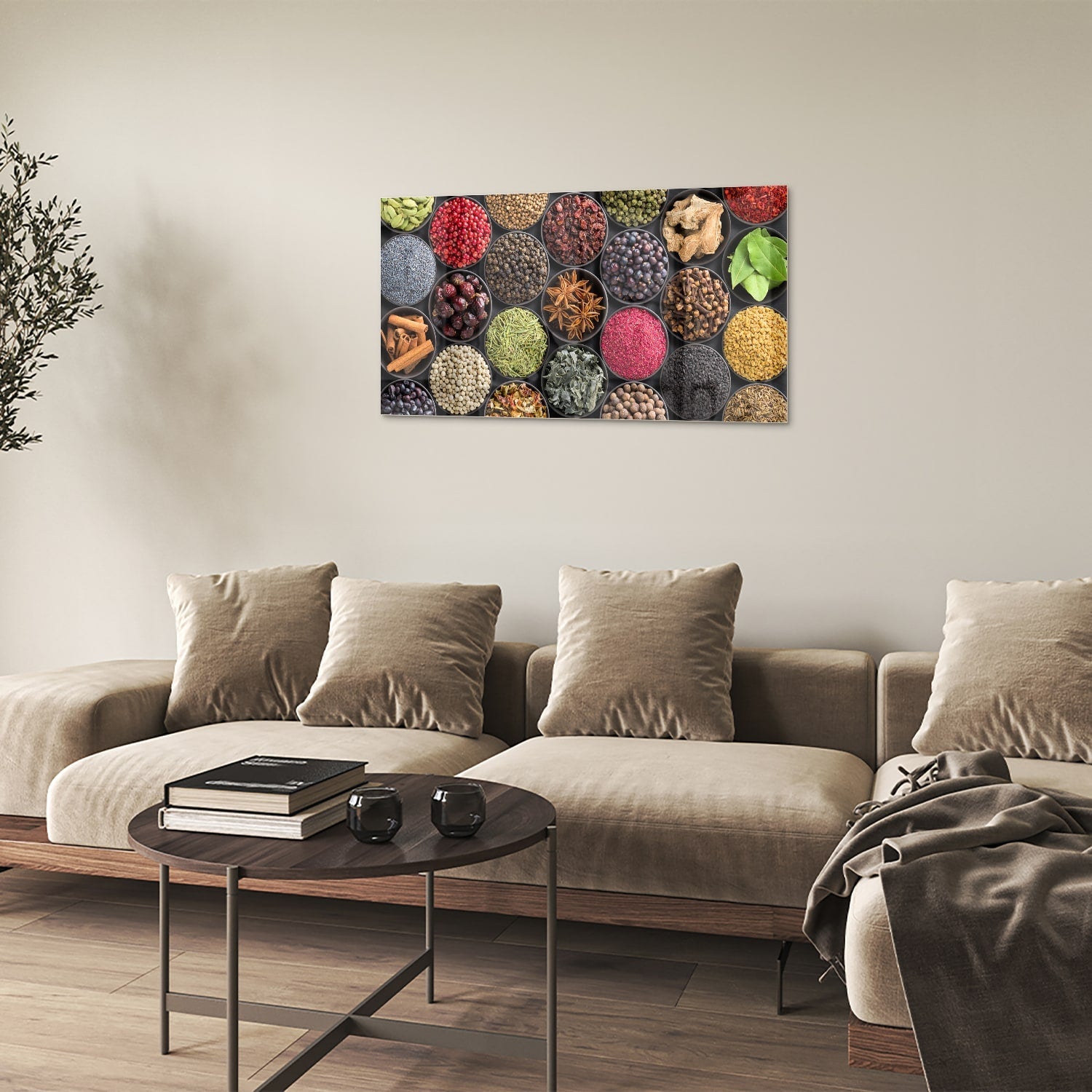 Farbenfrohes Glasbild mit Gewürzen und Kräutern – Glasbild aus Sicherheitsglas, Größe 100x60
