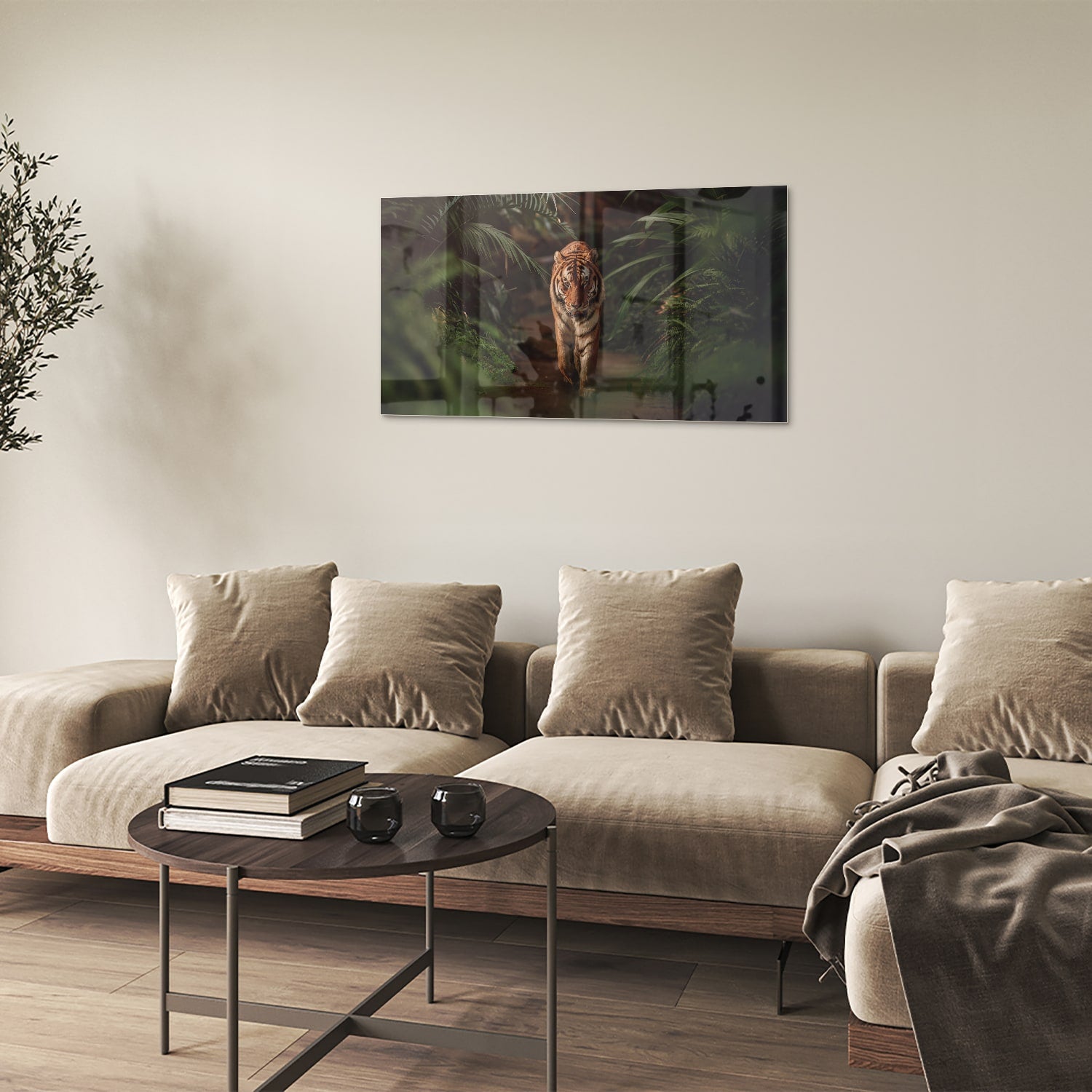Elegantes Glasbild mit Tiger zwischen Blättern – Glasbild aus Sicherheitsglas, Größe 100x60