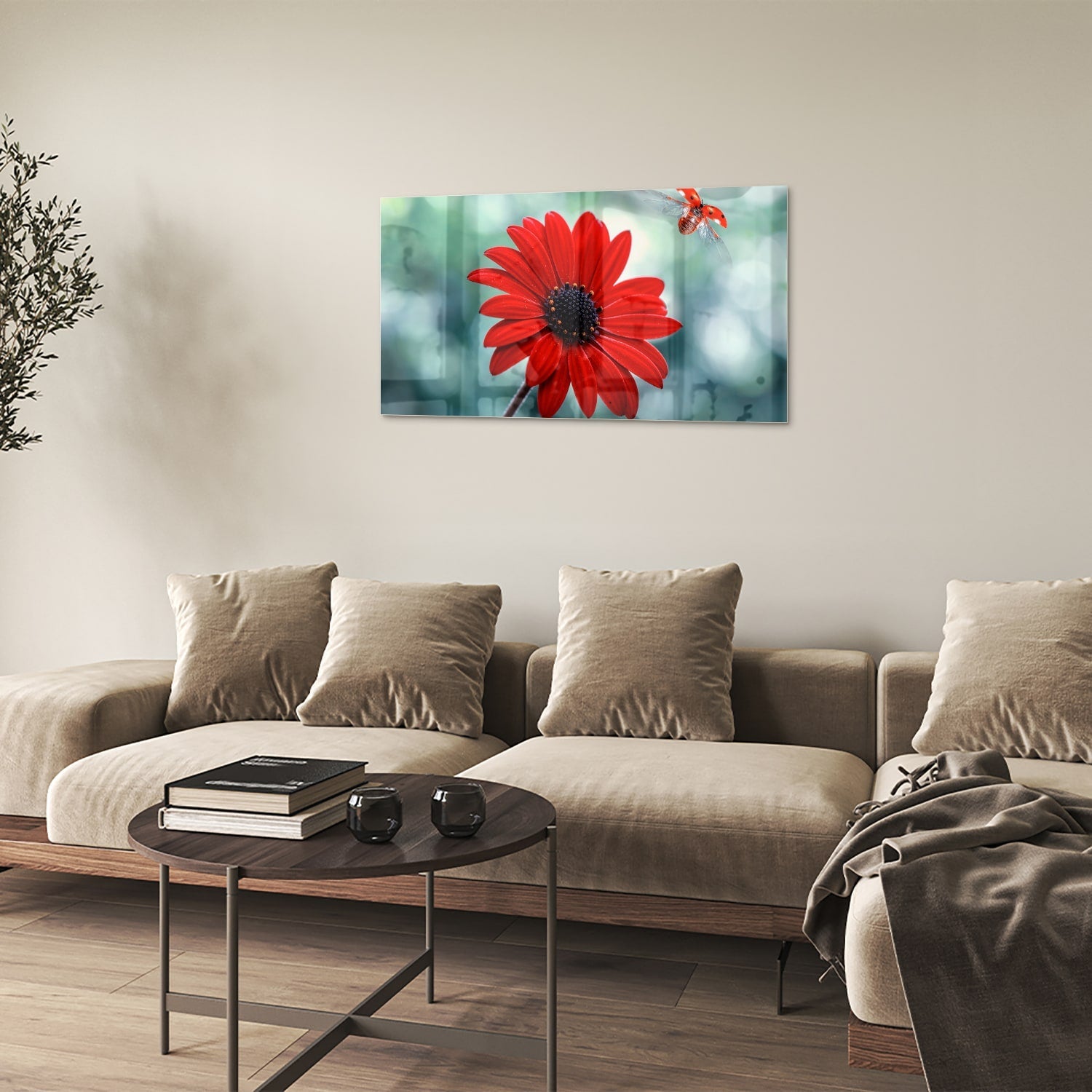 Beeindruckendes Glasbild mit einem roten Löwenzahn – Glasbild aus Sicherheitsglas, Größe 100x60