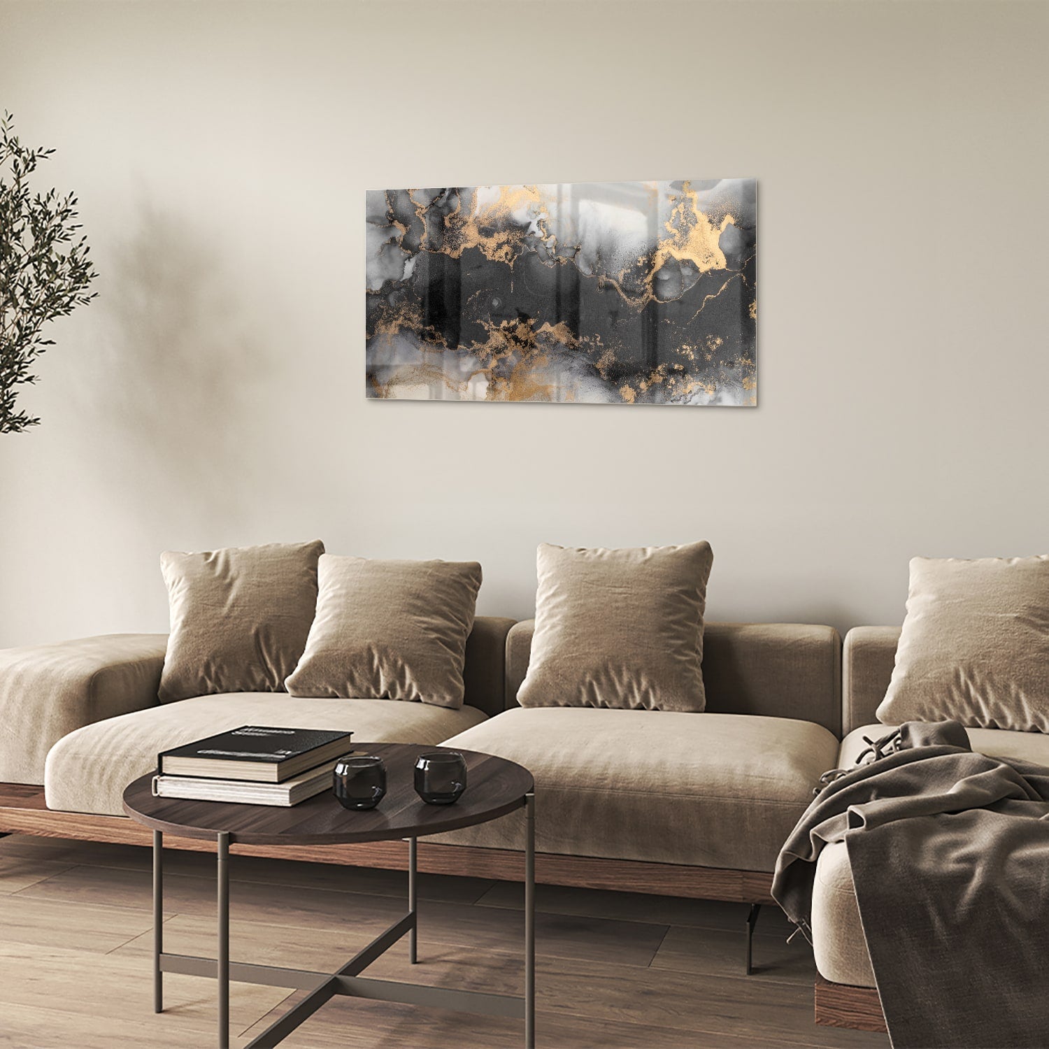Elegantes Glasbild mit Gold und Schwarz – Glasbild aus Sicherheitsglas, Größe 100x60