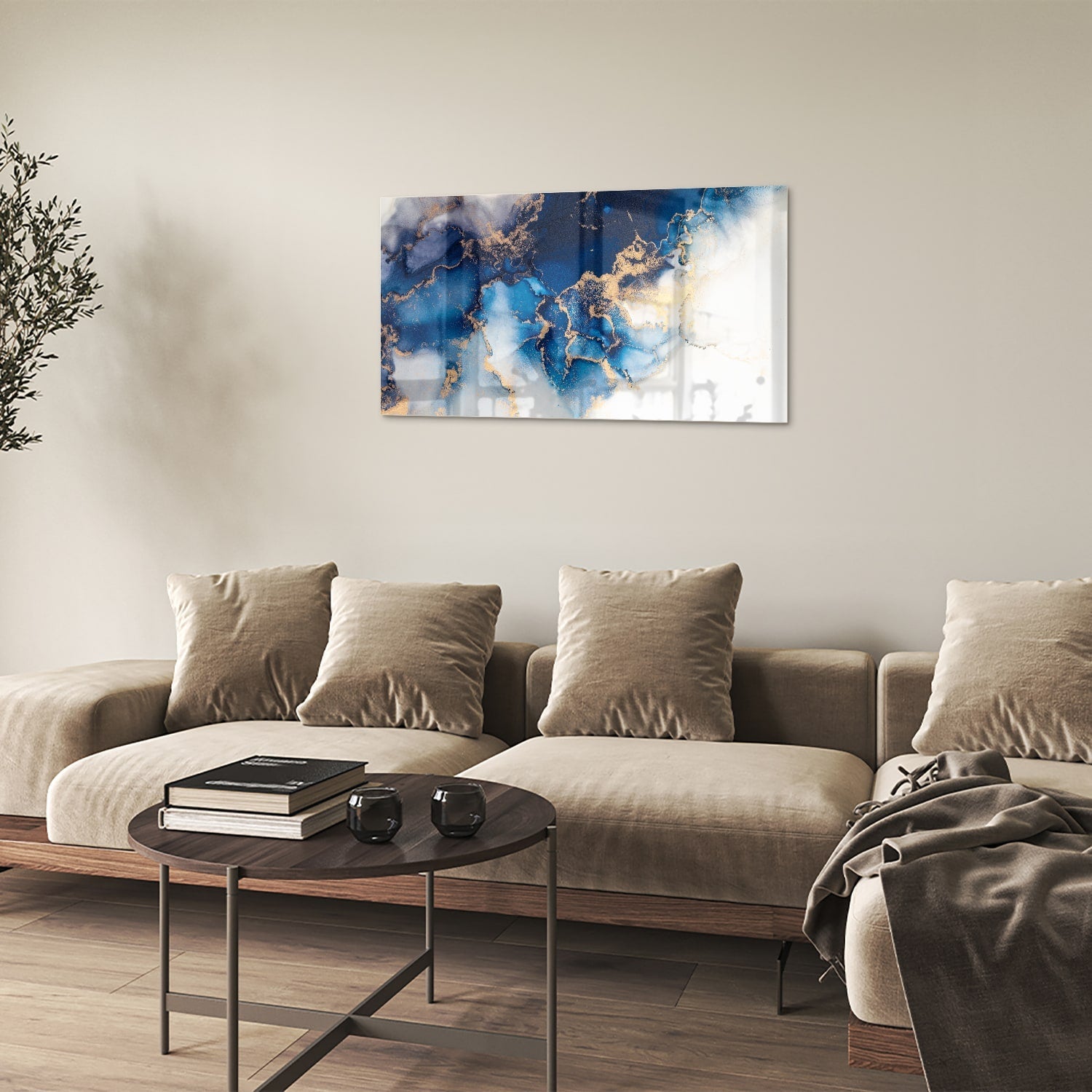 Mehrschichtiges Glasbild in Blau und Gold – Glasbild aus Sicherheitsglas, Größe 100x60