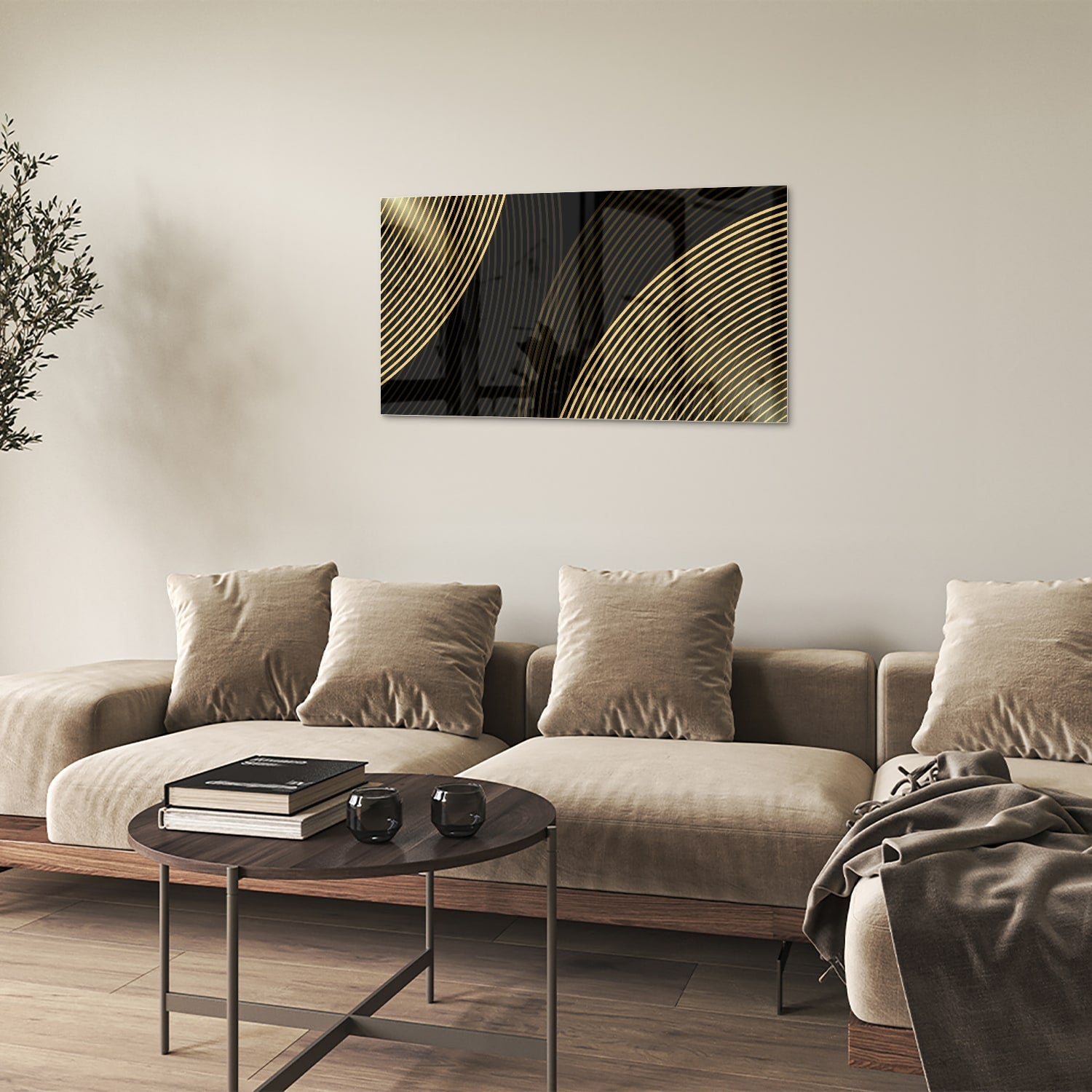 Geradliniges Glasbild mit goldenen Linien – Glasbild aus Sicherheitsglas, Größe 100x60