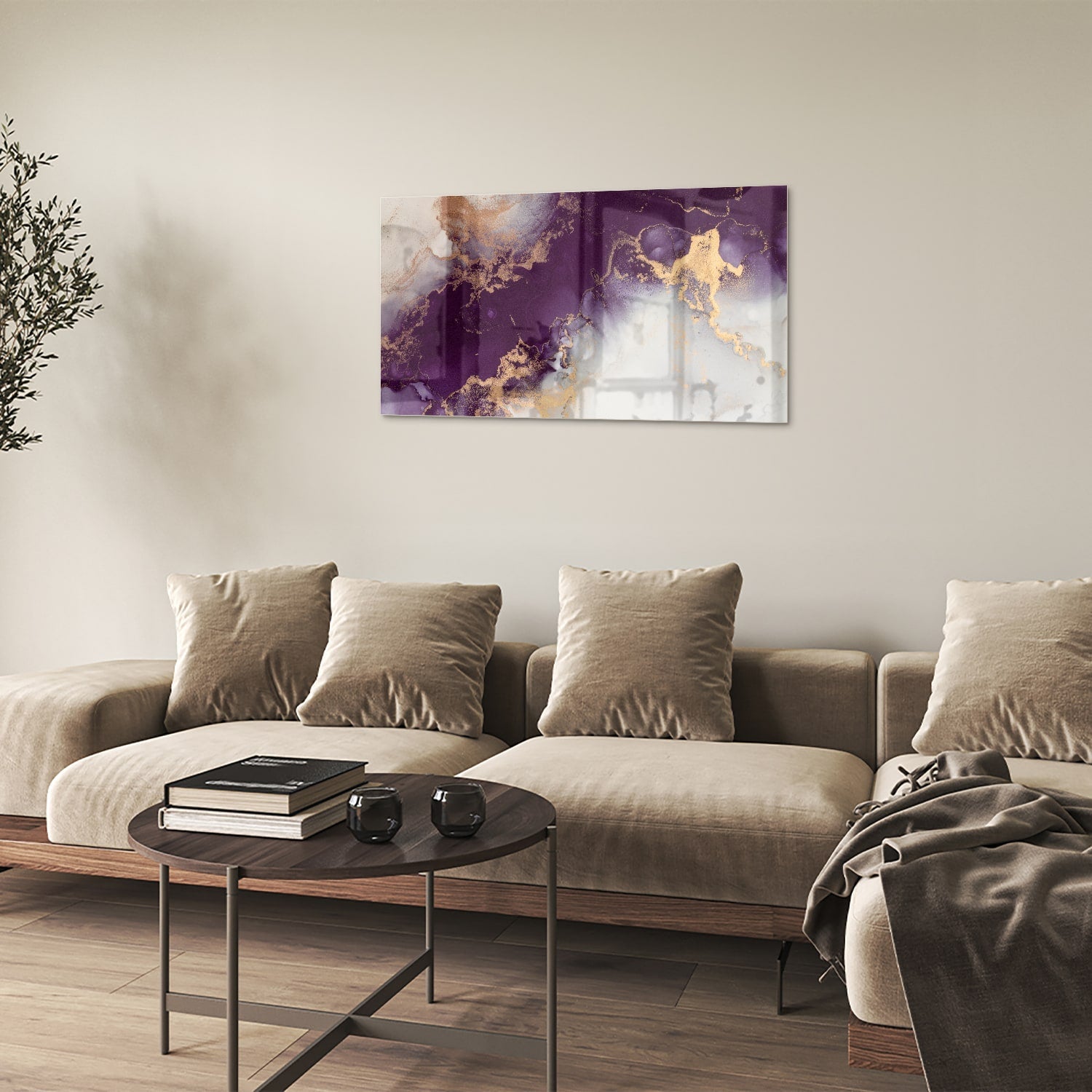 Violettes Glasbild mit goldenen Akzenten – Glasbild aus Sicherheitsglas, Größe 100x60