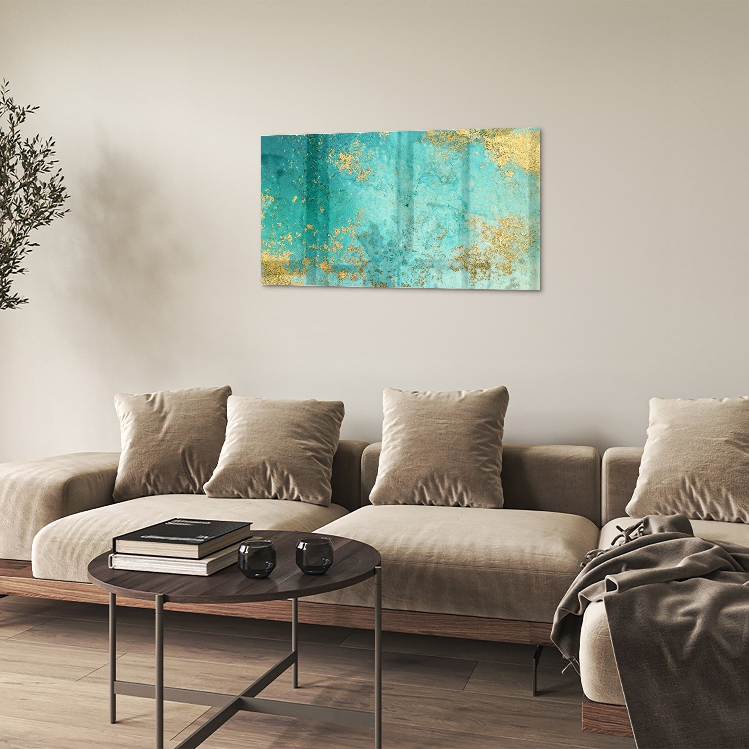 Glasbild mit goldenen Akzenten auf Türkis – Glasbild aus Sicherheitsglas, Größe 100x60