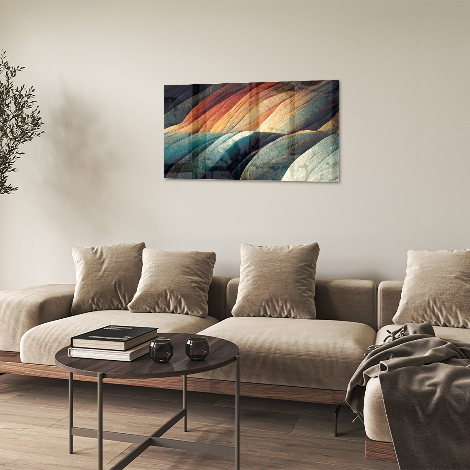 Abstraktes Glasbild mit farbenfrohen Wellen – Glasbild aus Sicherheitsglas, Größe 100x60
