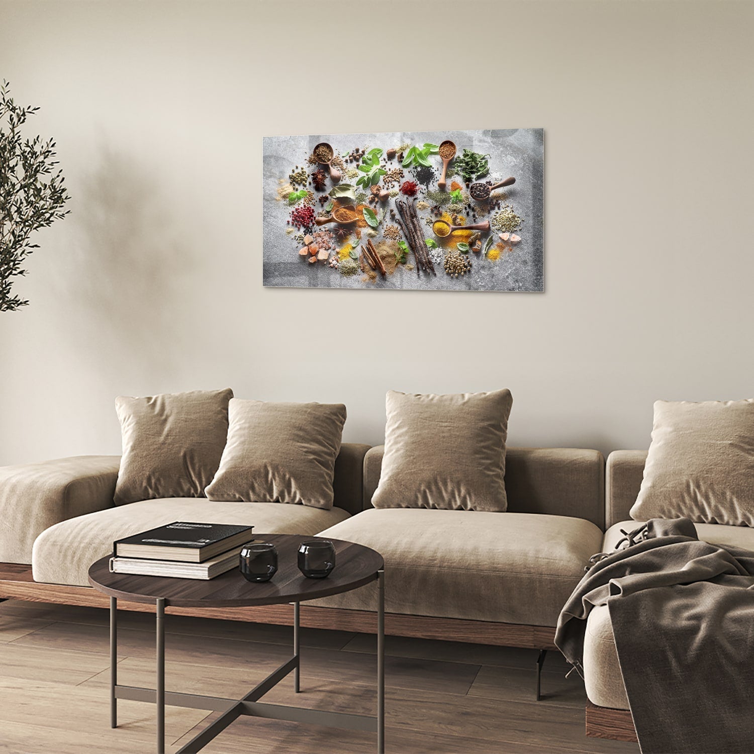 Farbenfrohes Glasbild mit Kräutern und Gewürzen – Glasbild aus Sicherheitsglas, Größe 100x60