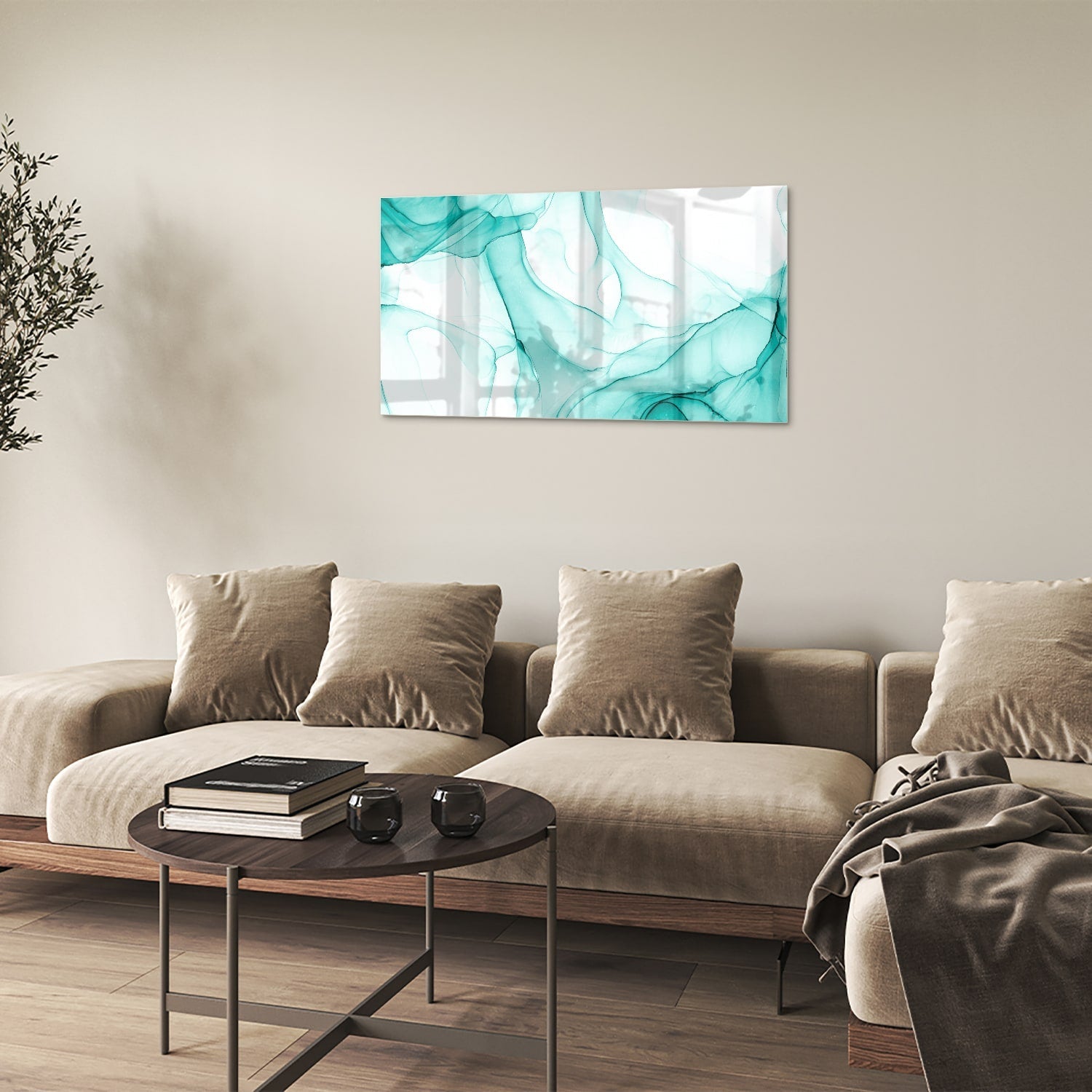 Hellblaues abstraktes Glasbild für elegante Innenräume – Glasbild aus Sicherheitsglas, Größe 100x60