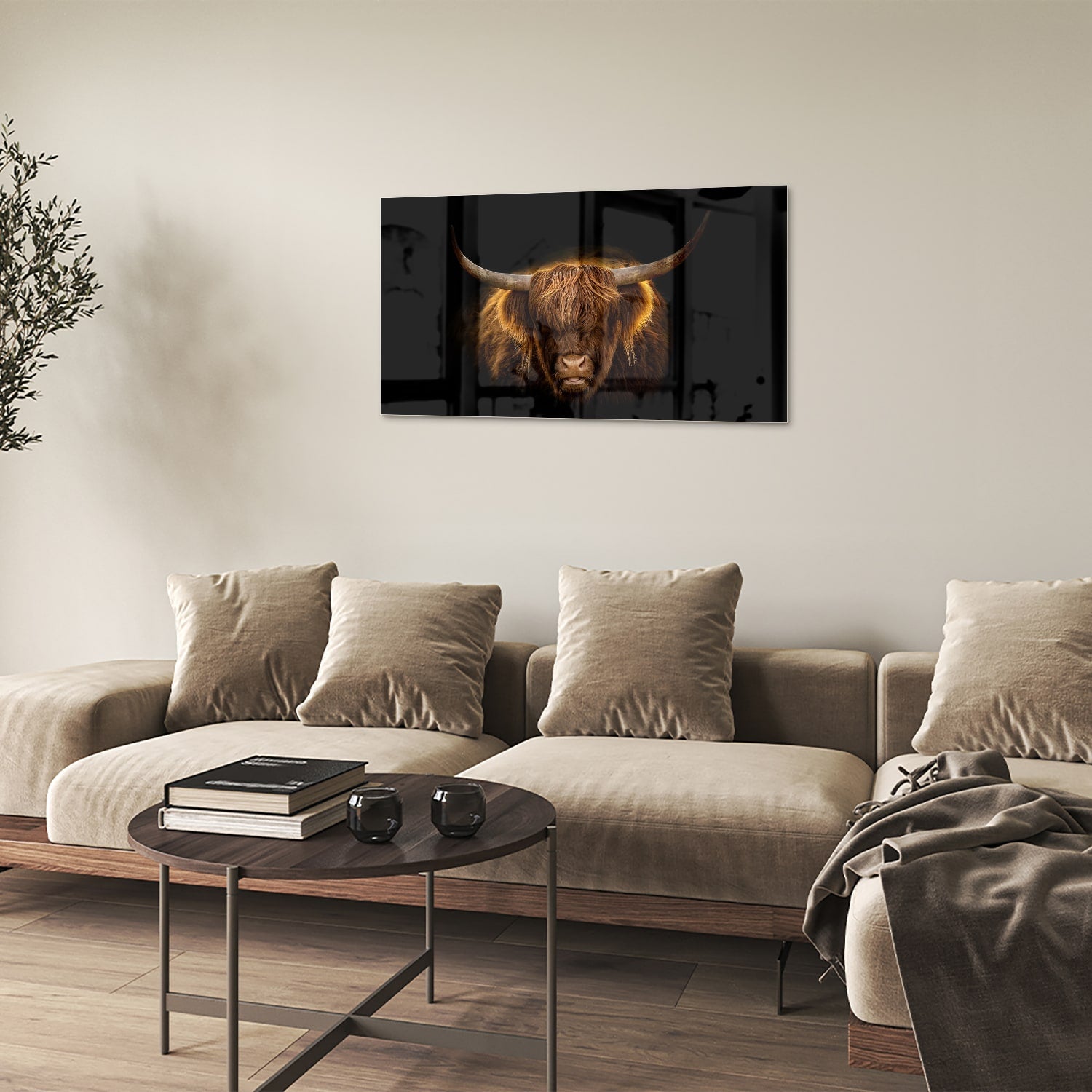 Beeindruckendes Glasbild mit Highland-Rind – Glasbild aus Sicherheitsglas, Größe 100x60