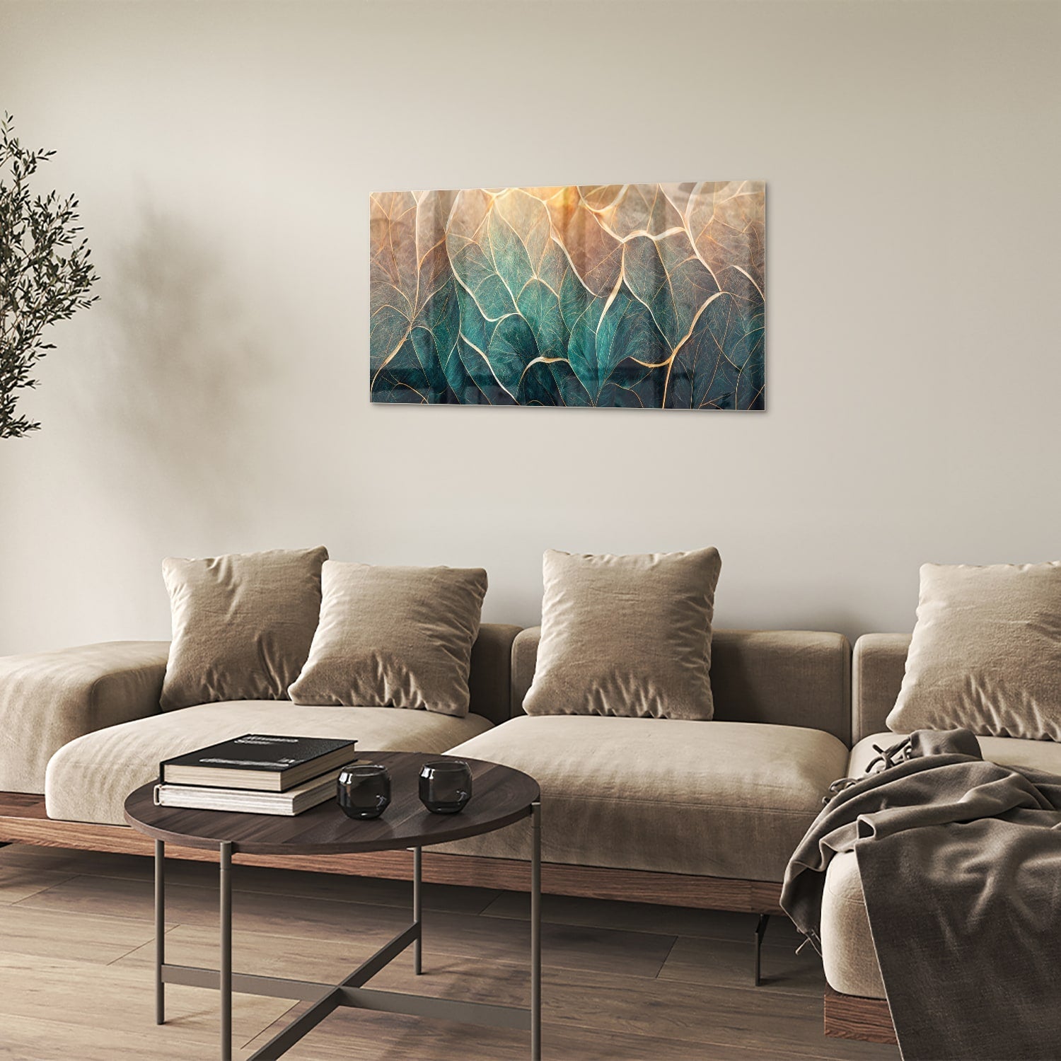 Glasbild mit Blättern und goldenen Linien – Glasbild aus Sicherheitsglas, Größe 100x60