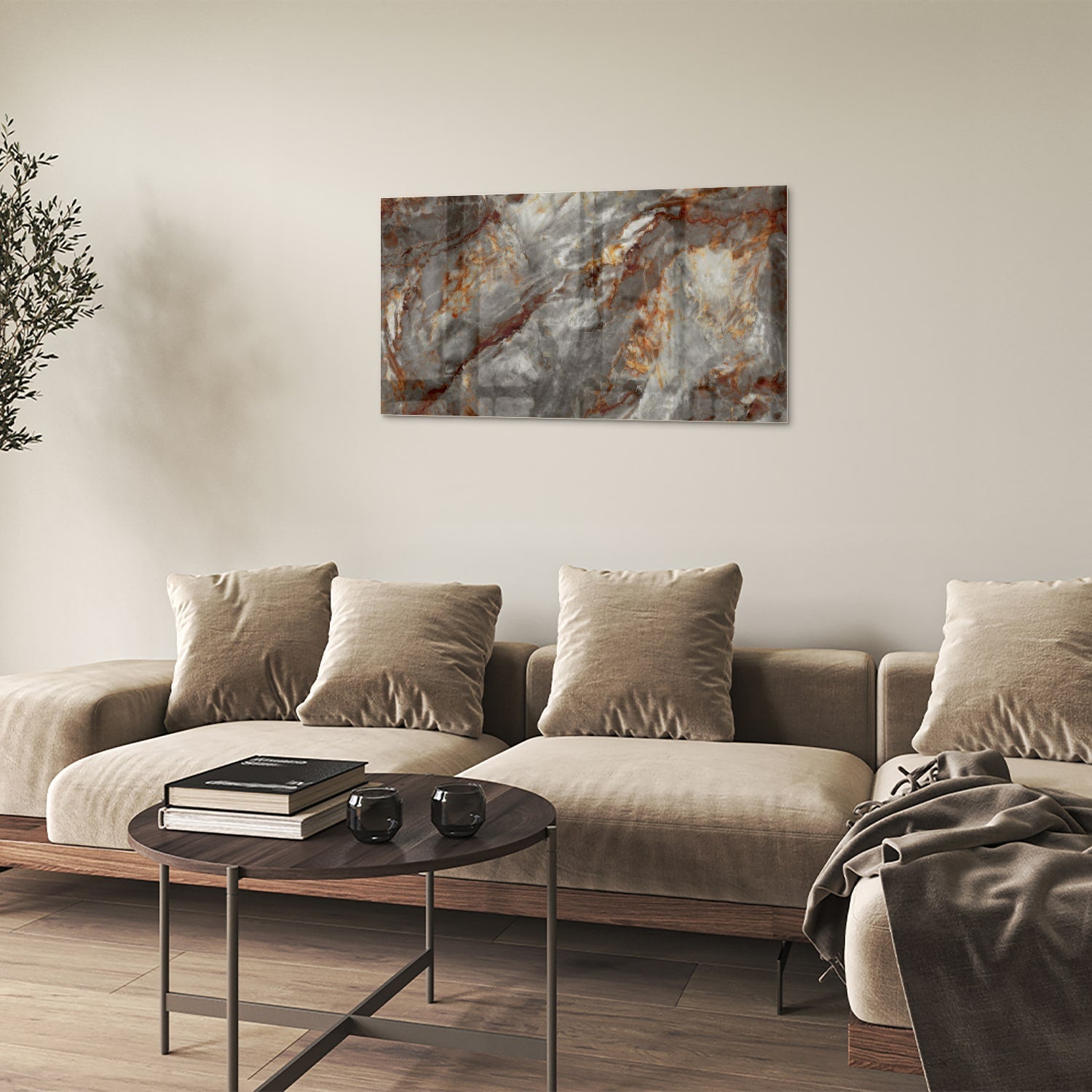 Glänzendes Glasbild mit Marmoroptik in Grau – Glasbild aus Sicherheitsglas, Größe 100x60