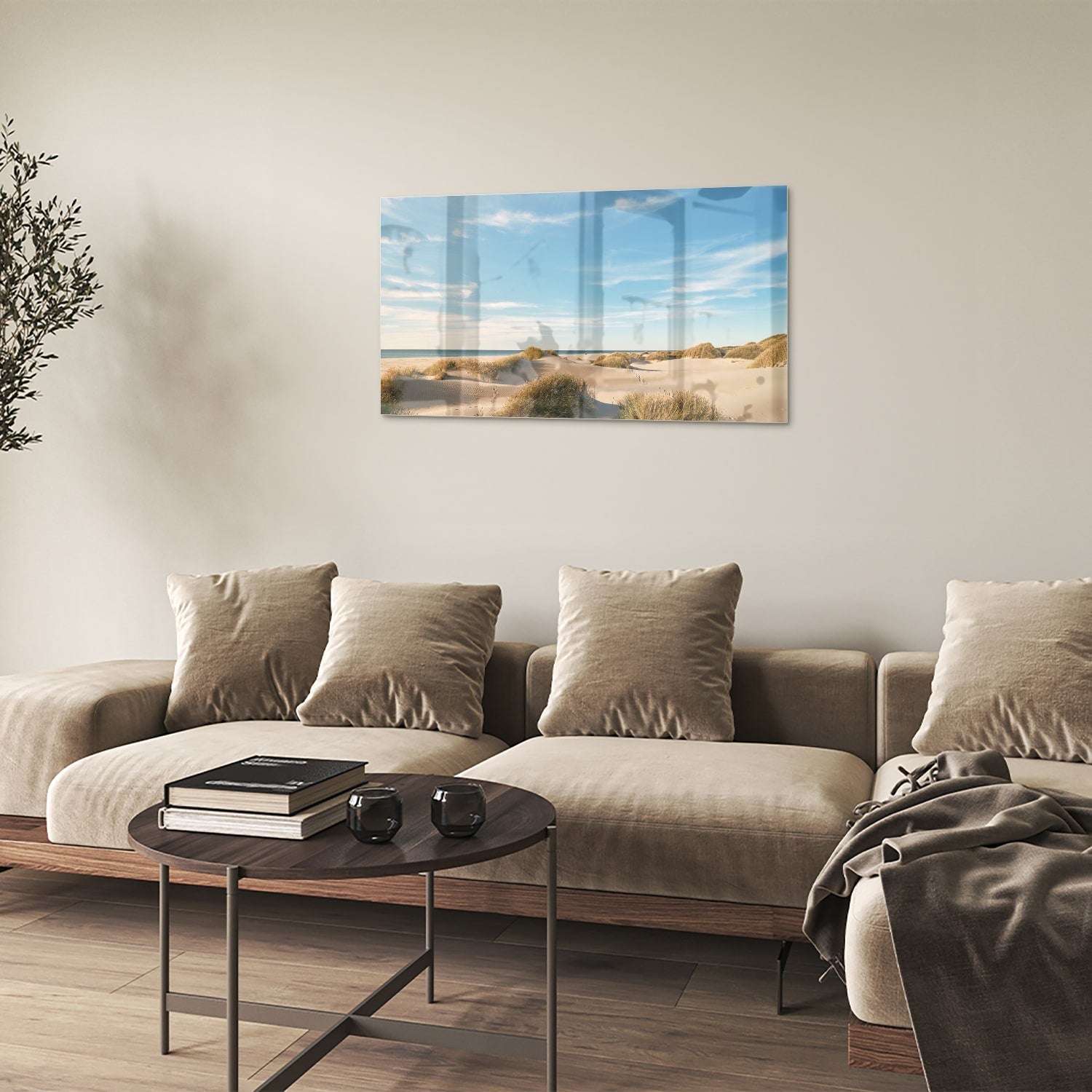 Glasbild mit Dünen und blauem Himmel – Glasbild aus Sicherheitsglas, Größe 100x60
