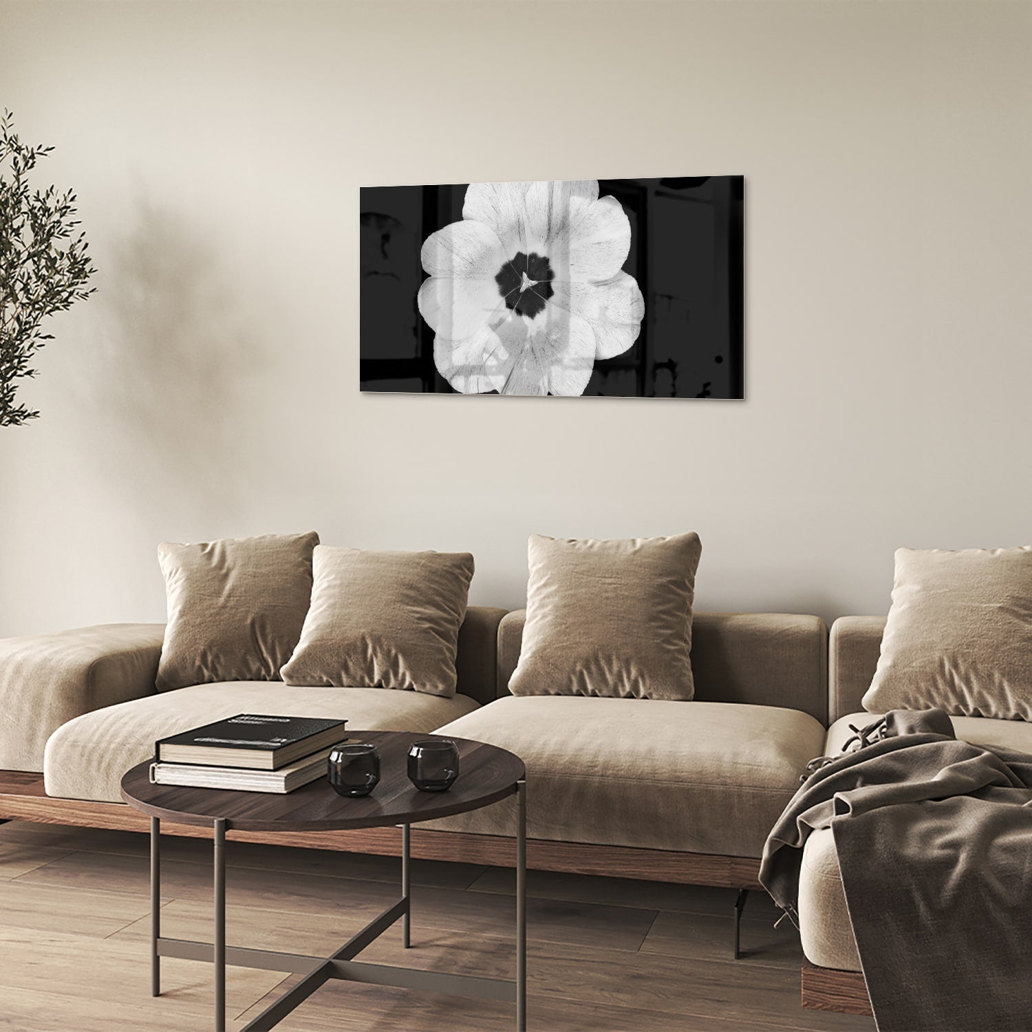 Glasbild mit einer weißen Blume auf schwarzem Hintergrund – Glasbild aus Sicherheitsglas, Größe 100x60