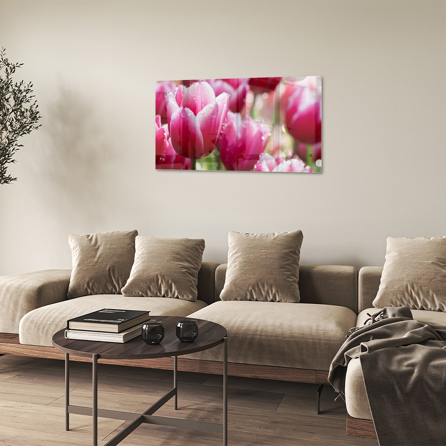 Glasbild mit bezaubernden rosa Tulpen – Glasbild aus Sicherheitsglas, Größe 100x60