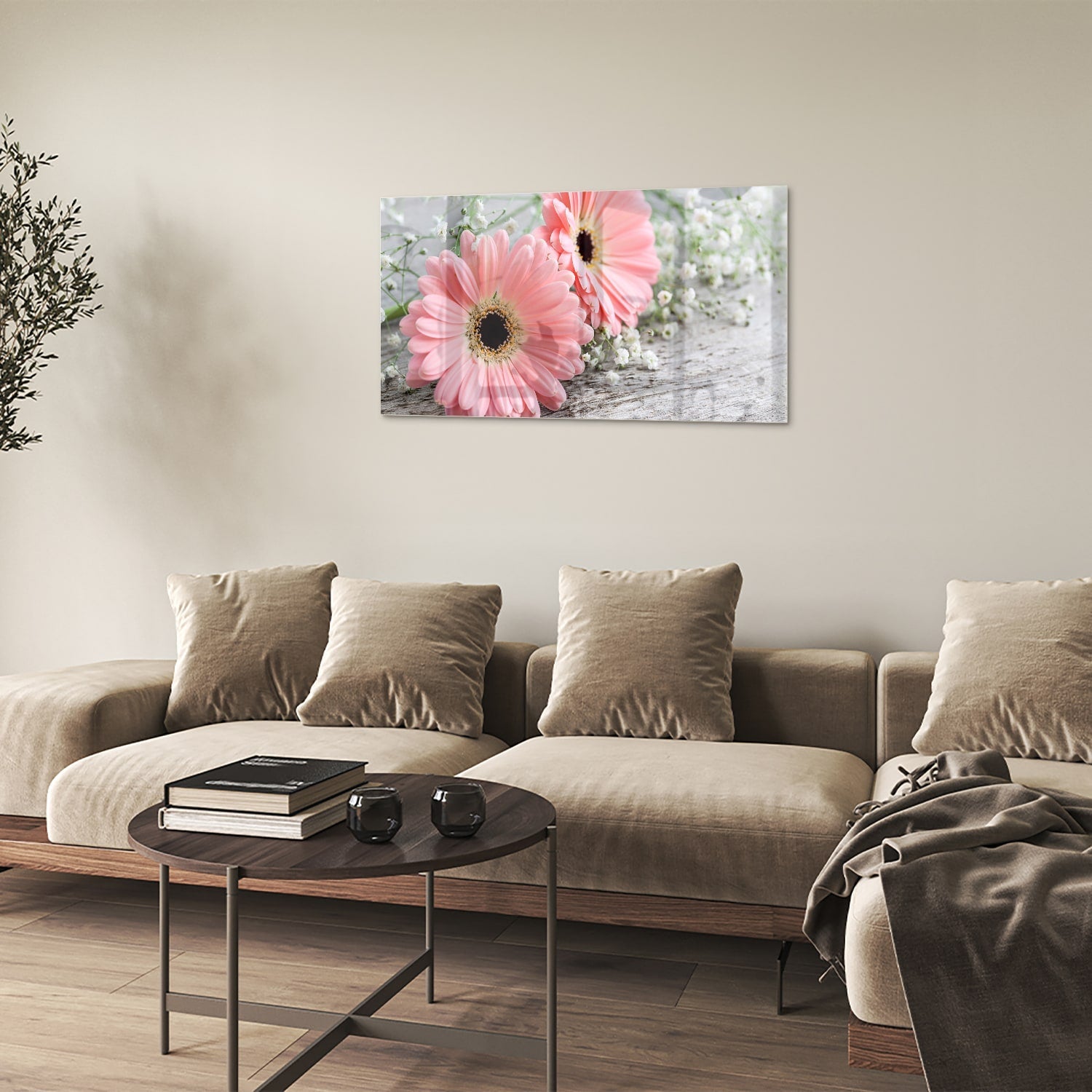 Rosafarbenes Gerbera-Glasbild für ein modernes Zuhause – Glasbild aus Sicherheitsglas, Größe 100x60