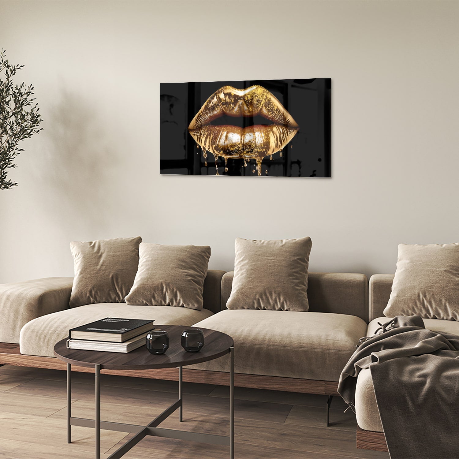 Glasbild mit goldenen Lippen – Wanddekoration für elegante Innenräume – Glasbild aus Sicherheitsglas, Größe 100x60