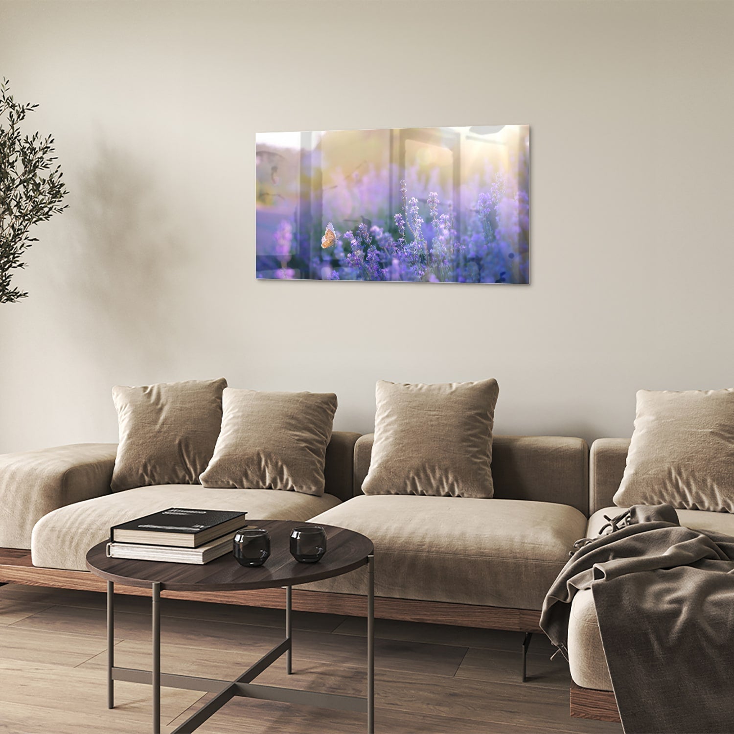 Glasbild mit violettem Lavendel und Schmetterling – Glasbild aus Sicherheitsglas, Größe 100x60