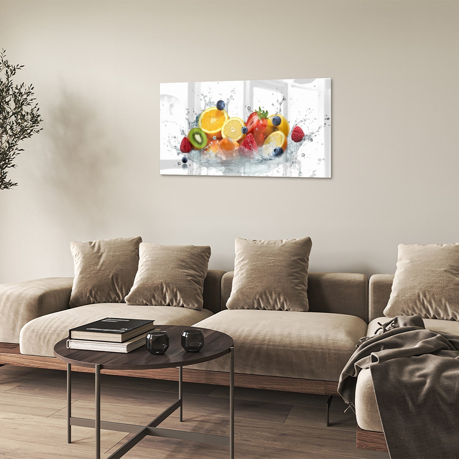 Stimmungsvolles Glasbild mit farbenfroher Fruchtkomposition – Glasbild aus Sicherheitsglas, Größe 100x60