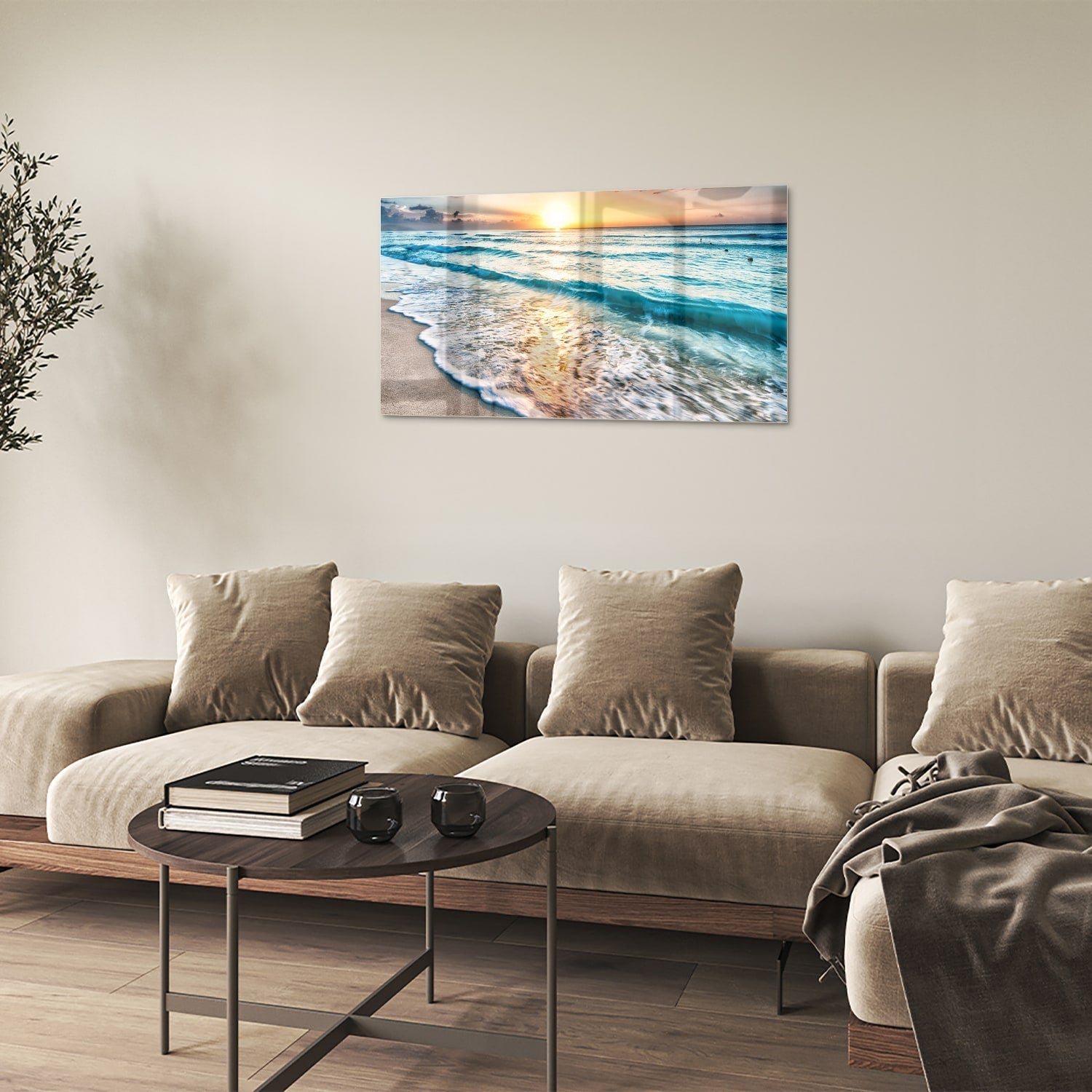 Wunderschönes Glasbild mit einem Sonnenuntergang am See – Glasbild aus Sicherheitsglas, Größe 100x60