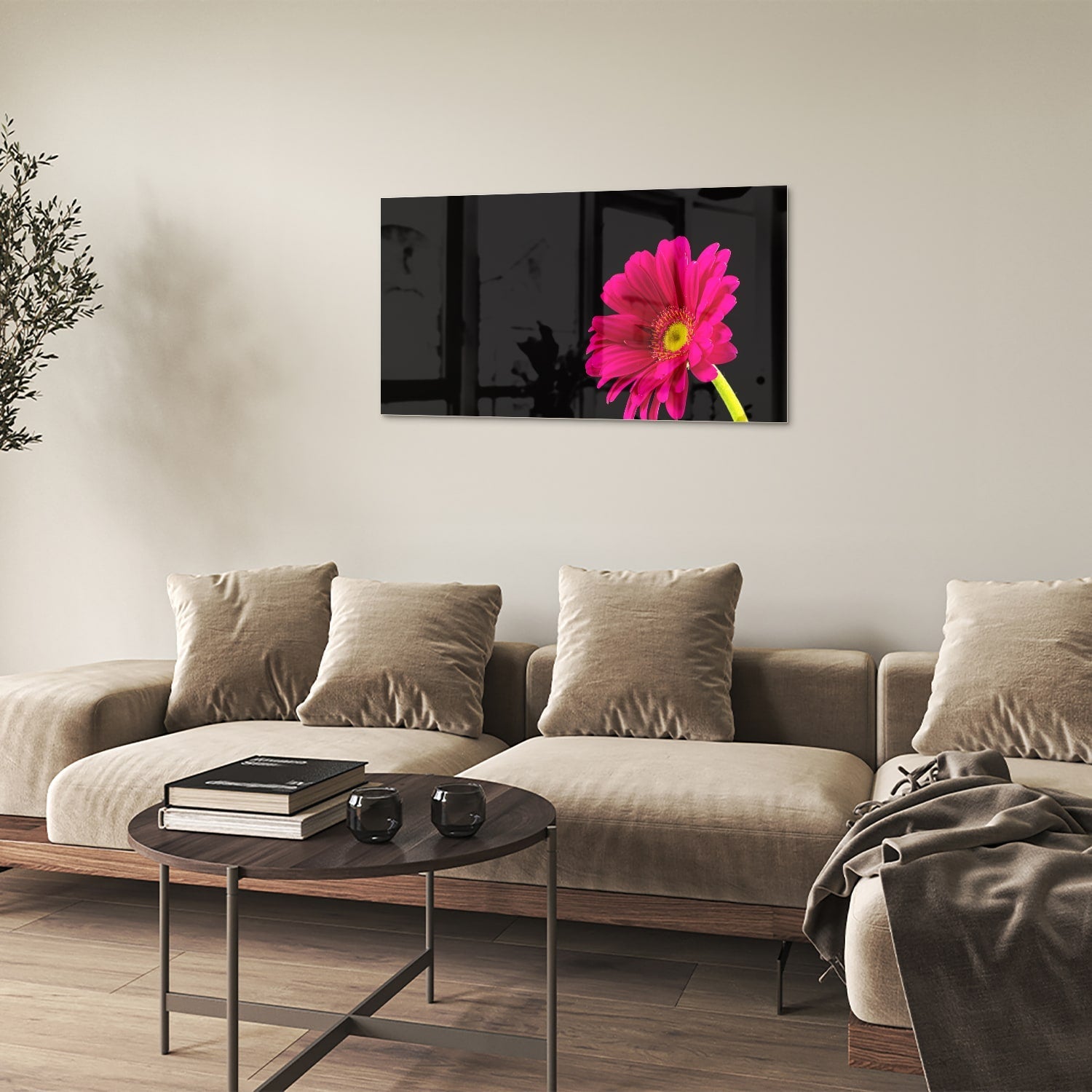 Glasbild – Wunderschöne rosa Gerbera auf schwarzem Hintergrund – Glasbild aus Sicherheitsglas, Größe 100x60