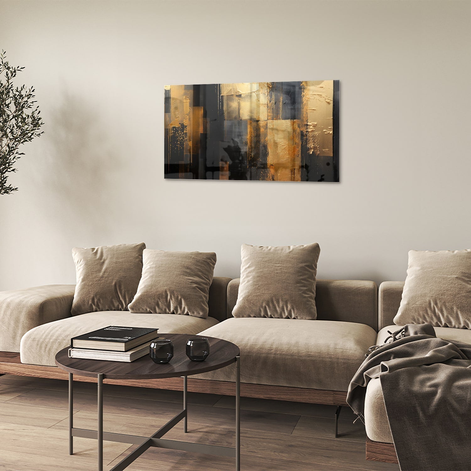 Abstraktes Glasbild in Gold und Schwarz – Glasbild aus Sicherheitsglas, Größe 100x60