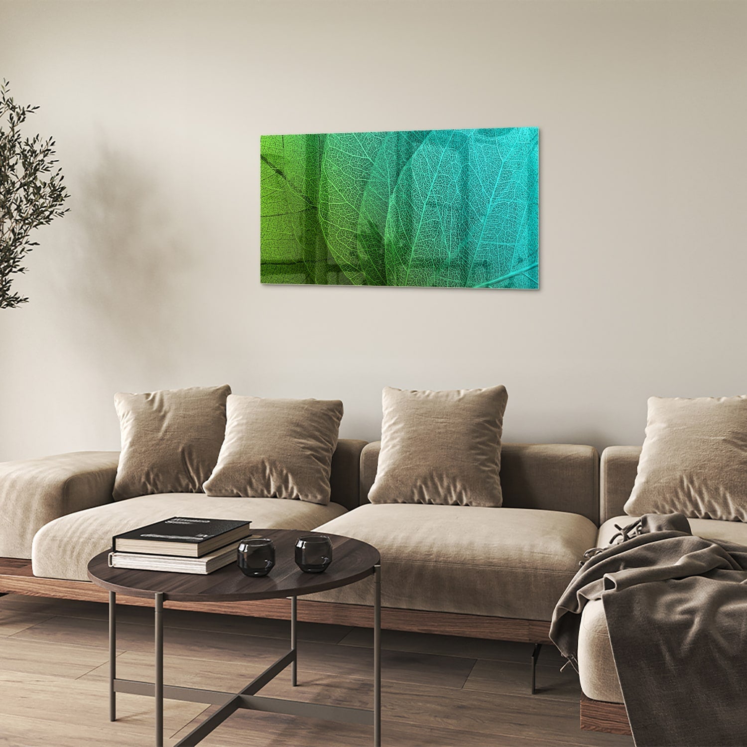 Glasbild mit strukturierter Oberfläche aus grünen Blättern – Glasbild aus Sicherheitsglas, Größe 100x60