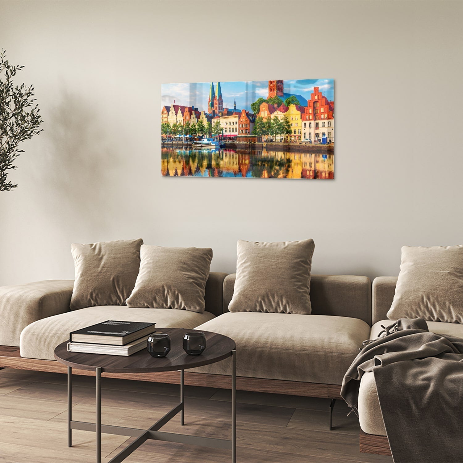 Farbenfrohes Glasbild mit einer Stadtlandschaft – Glasbild aus Sicherheitsglas, Größe 100x60