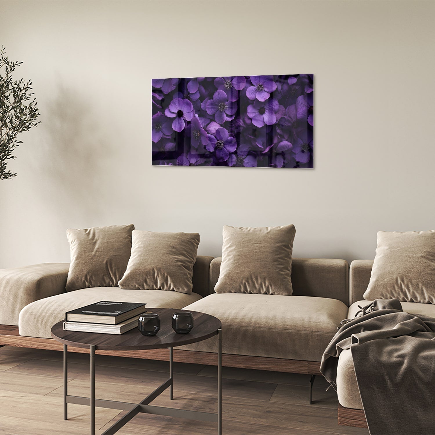 Glasbild mit violetten Blumen für Ihr Interieur – Glasbild aus Sicherheitsglas, Größe 100x60
