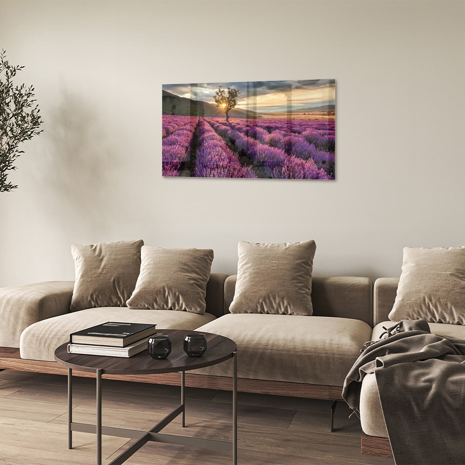 Glasbild mit violetten Lavendelfeldern bei Sonnenuntergang – Glasbild aus Sicherheitsglas, Größe 100x60