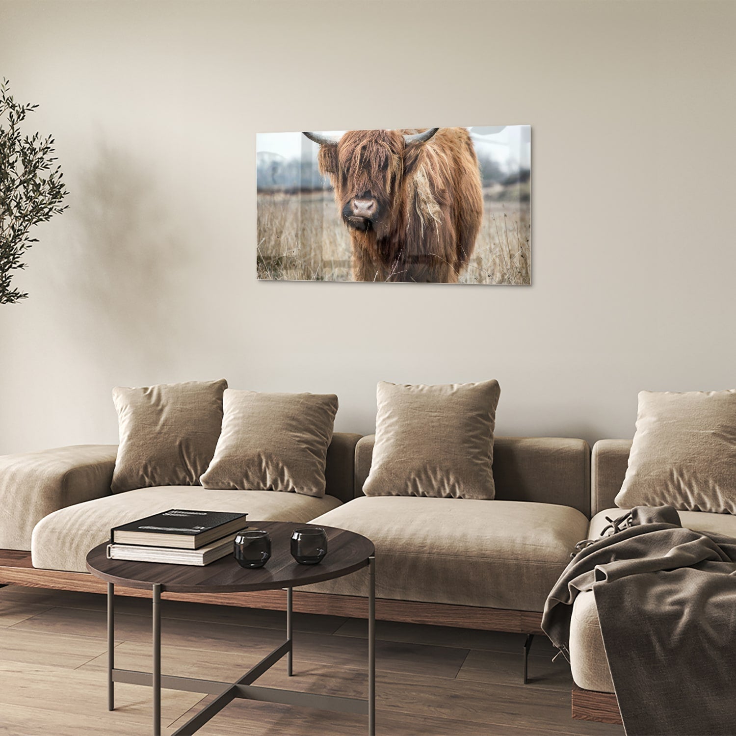 Glasbild mit Hochlandrind in Holzoptik – Glasbild aus Sicherheitsglas, Größe 100x60