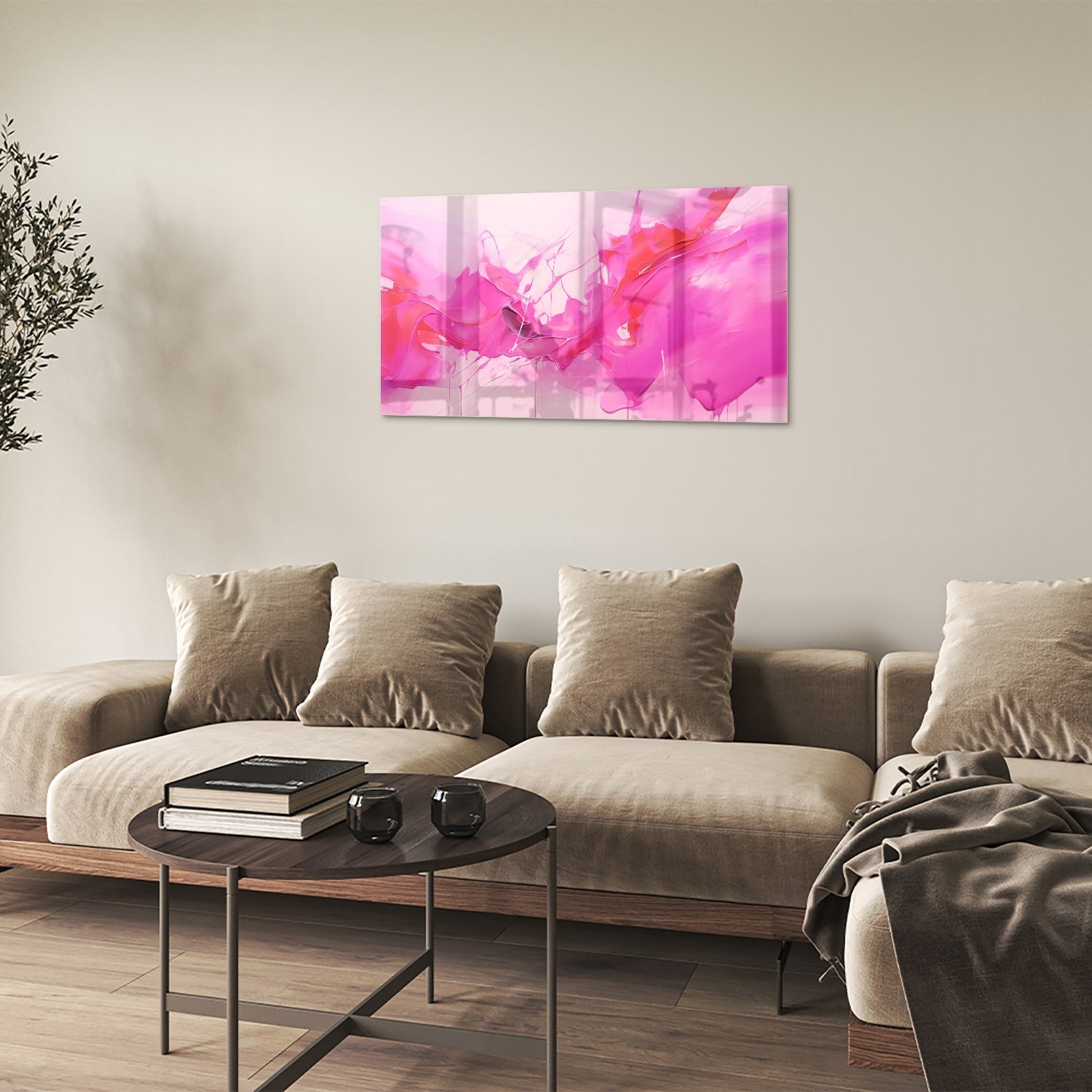 Abstraktes Glasbild in leuchtenden Rosatönen – Glasbild aus Sicherheitsglas, Größe 100x60