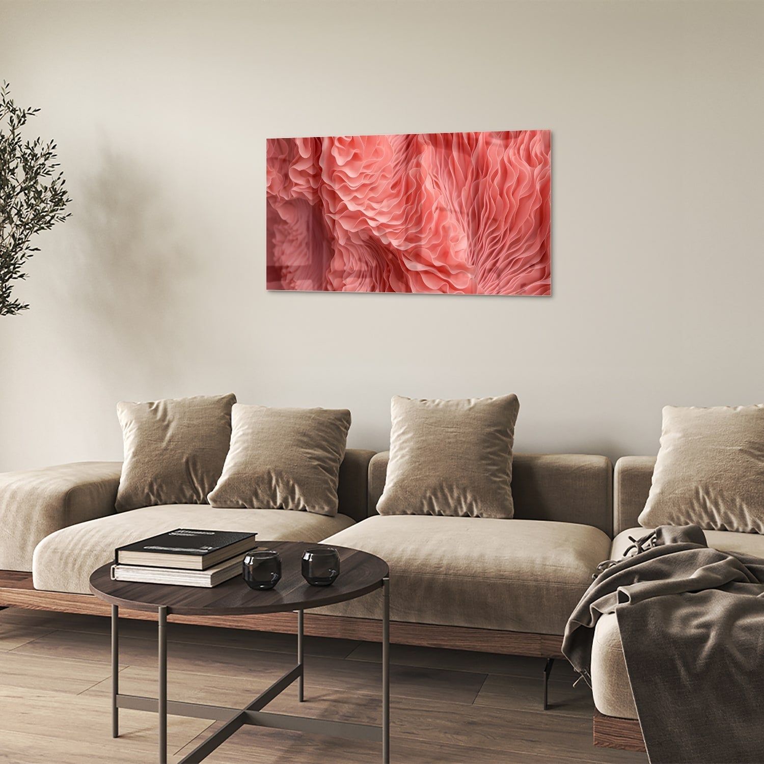 Abstraktes rosa Glasbild mit wellenförmigem Muster – Glasbild aus Sicherheitsglas, Größe 100x60