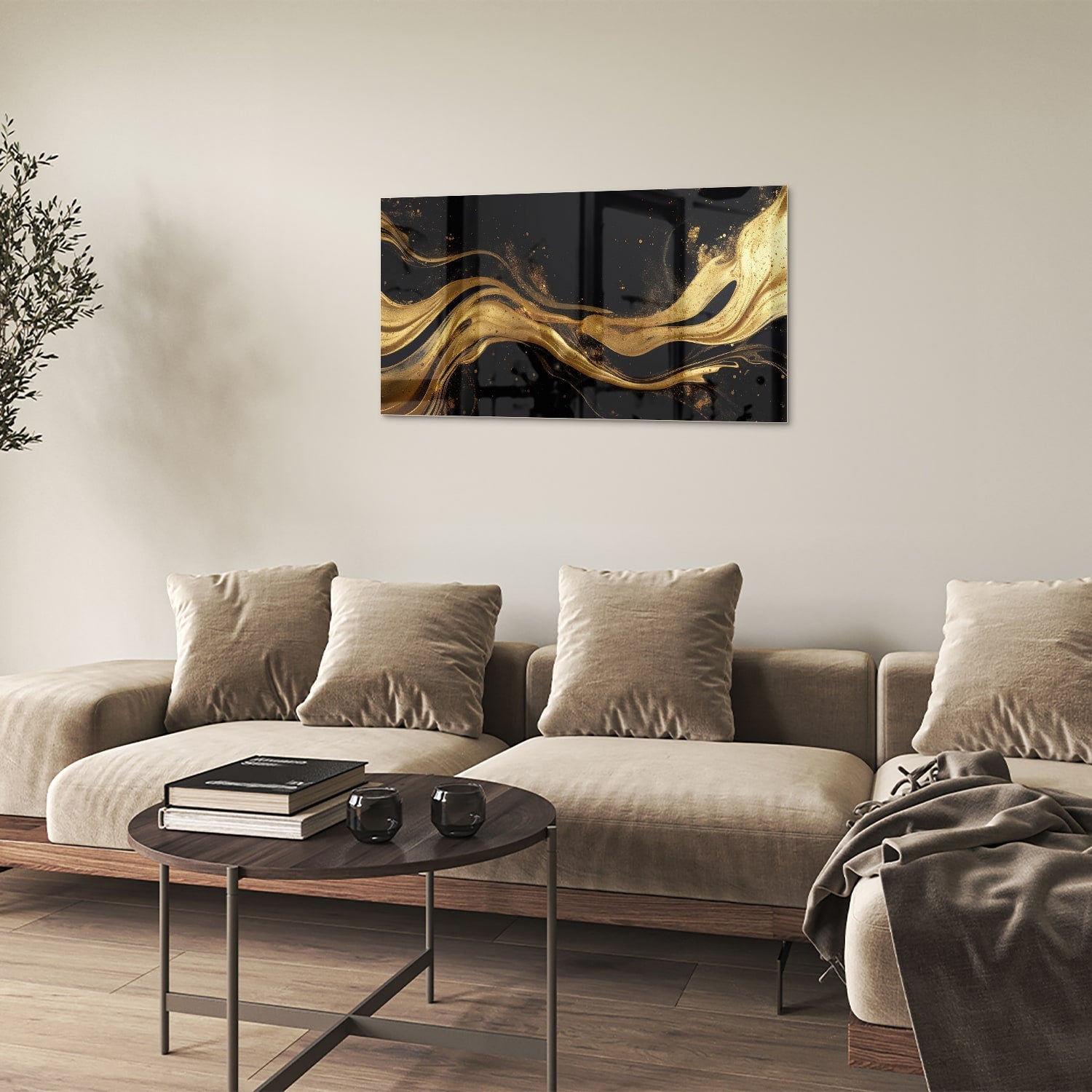 Elegantes Glasbild mit goldenen Linien – Glasbild aus Sicherheitsglas, Größe 100x60