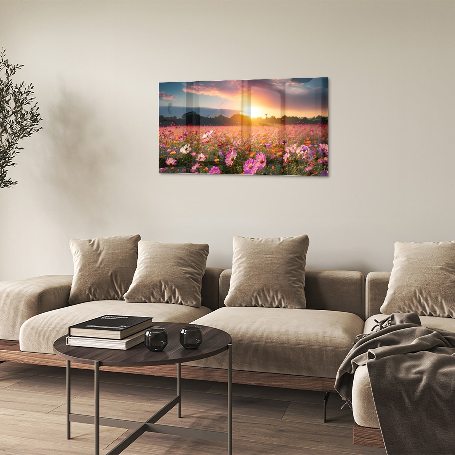 Glasbild – Sonnenuntergang über Blumenfeld – Glasbild aus Sicherheitsglas, Größe 100x60